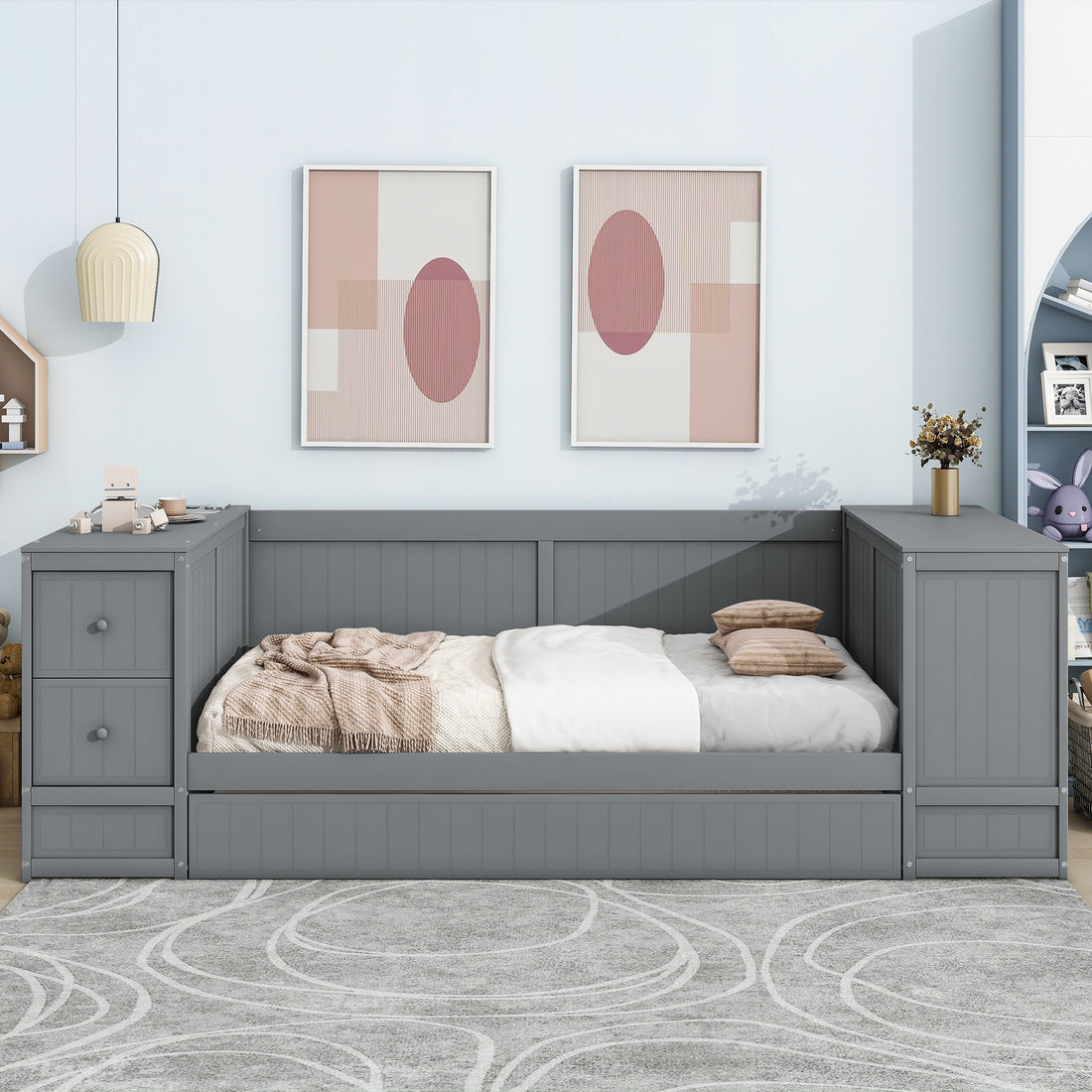 Twin Size Daybed With Storage Arms, Trundle And Charging Station, Gray Box Spring Not Required Twin Grey Wood Daybeds Solid Wood Mdf