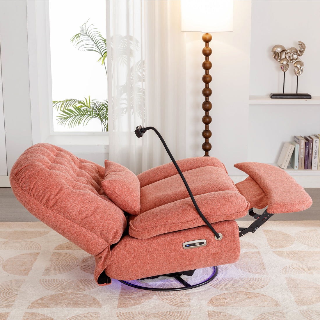 270 Degree Swivel Power Recliner With Voice Control, Bluetooth Music Player,Usb Ports, Atmosphere Lamp, Hidden Arm Storage And Mobile Phone Holder For Living Room, Bedroom, Apartment, Red Red Foam Linen