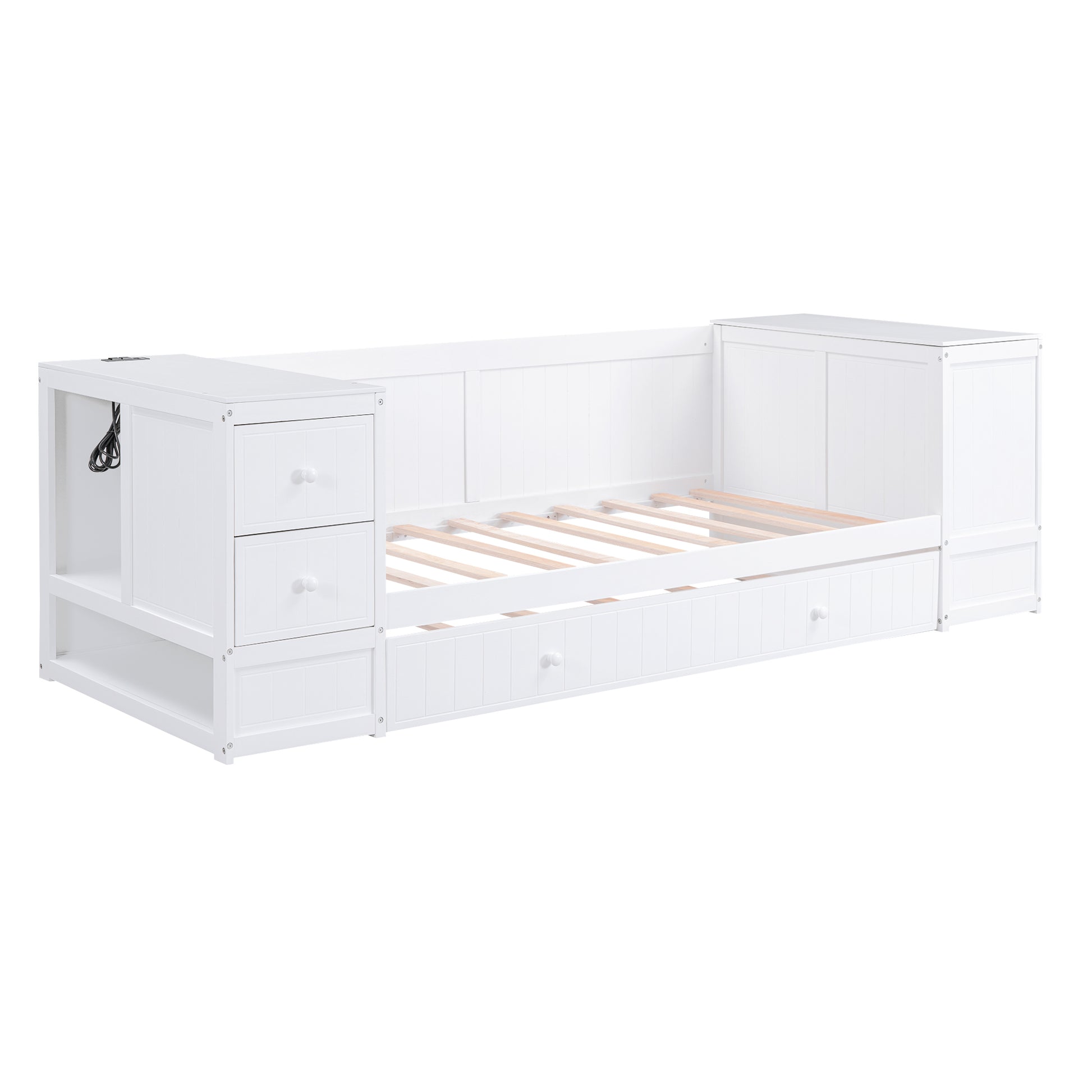 Twin Size Daybed With Storage Arms, Trundle And Charging Station, White Box Spring Not Required Twin White Wood Daybeds Solid Wood Mdf