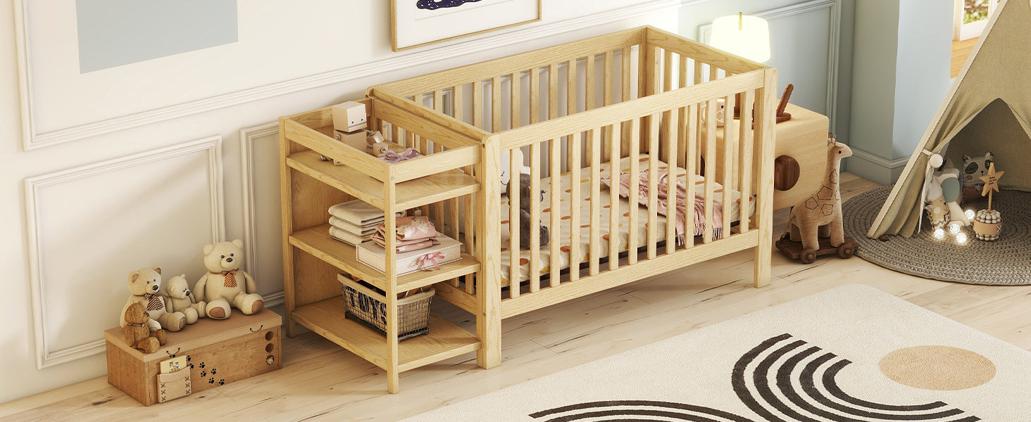 Convertible Crib Full Size Bed With Changing Table, Natural Natural Solid Wood