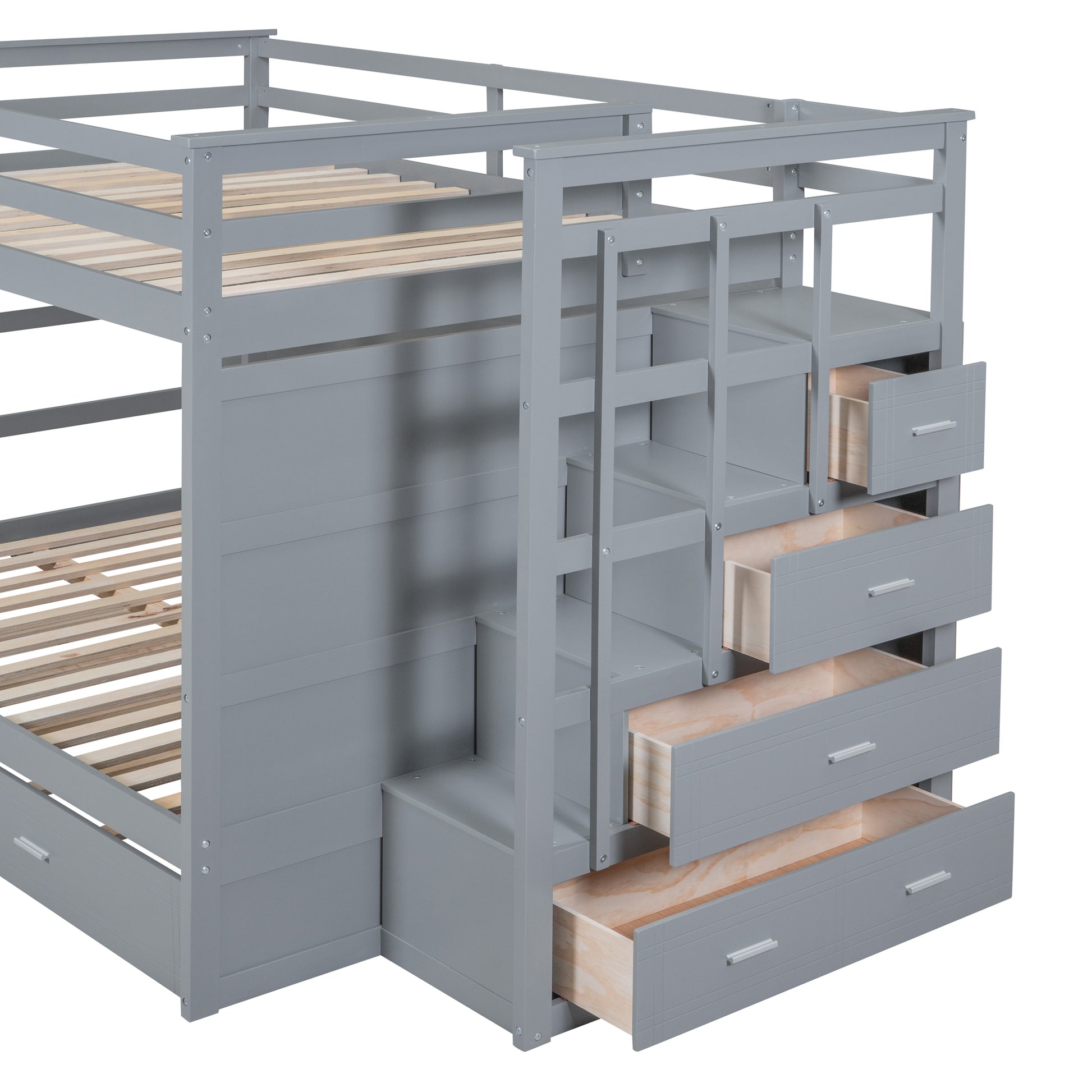 Full Over Full Bunk Bed With Twin Size Trundle And Staircase, Gray Gray Solid Wood