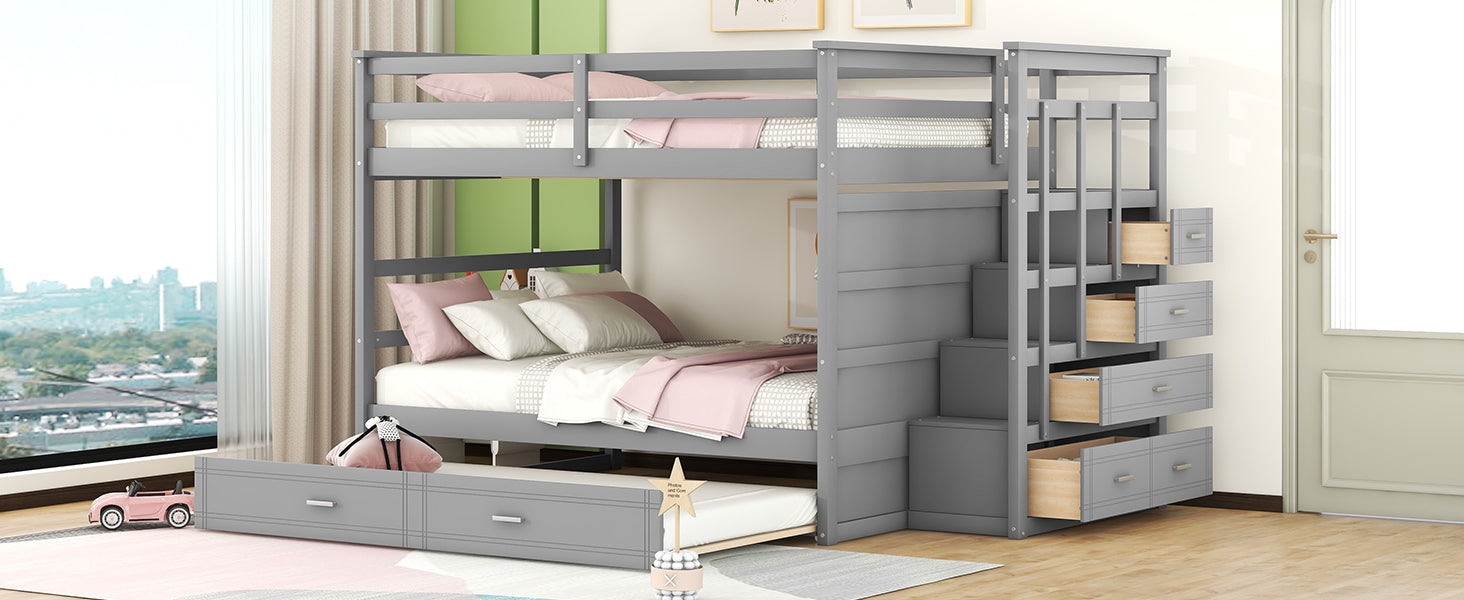 Full Over Full Bunk Bed With Twin Size Trundle And Staircase, Gray Gray Solid Wood