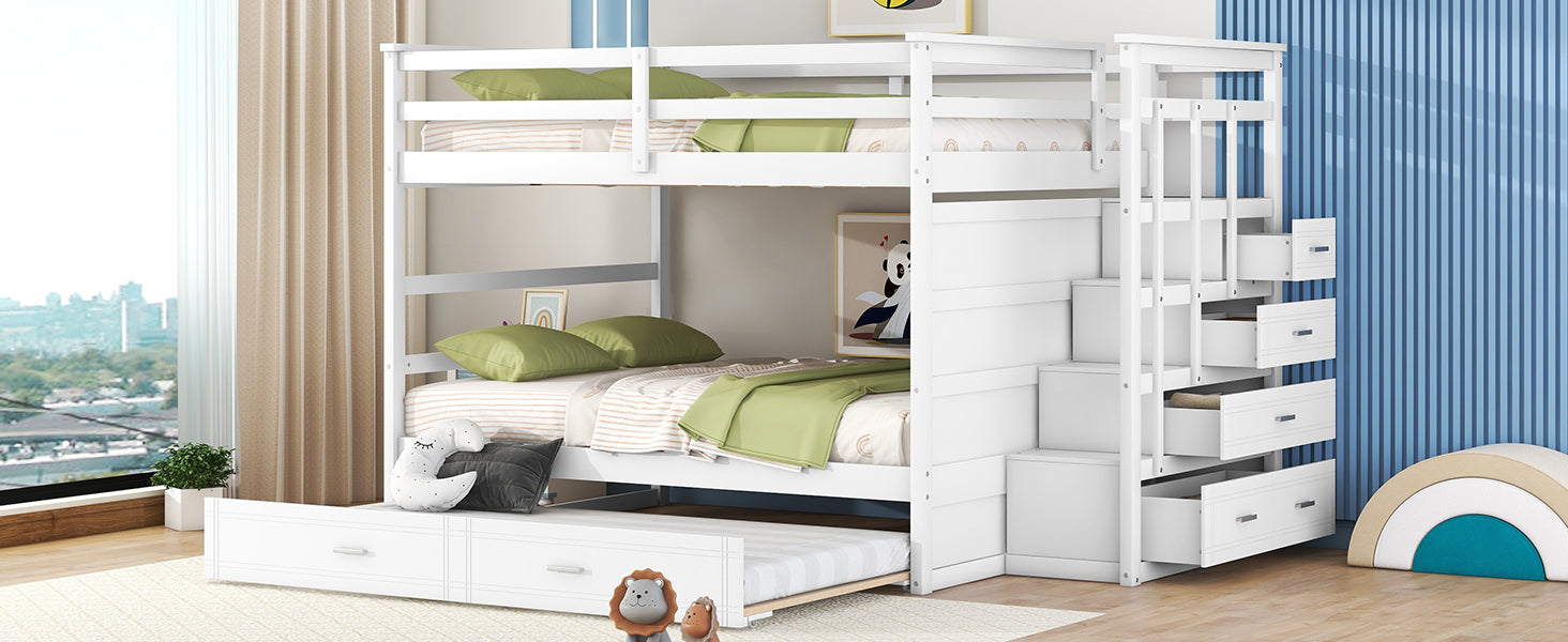 Full Over Full Bunk Bed With Twin Size Trundle And Staircase, White White Solid Wood