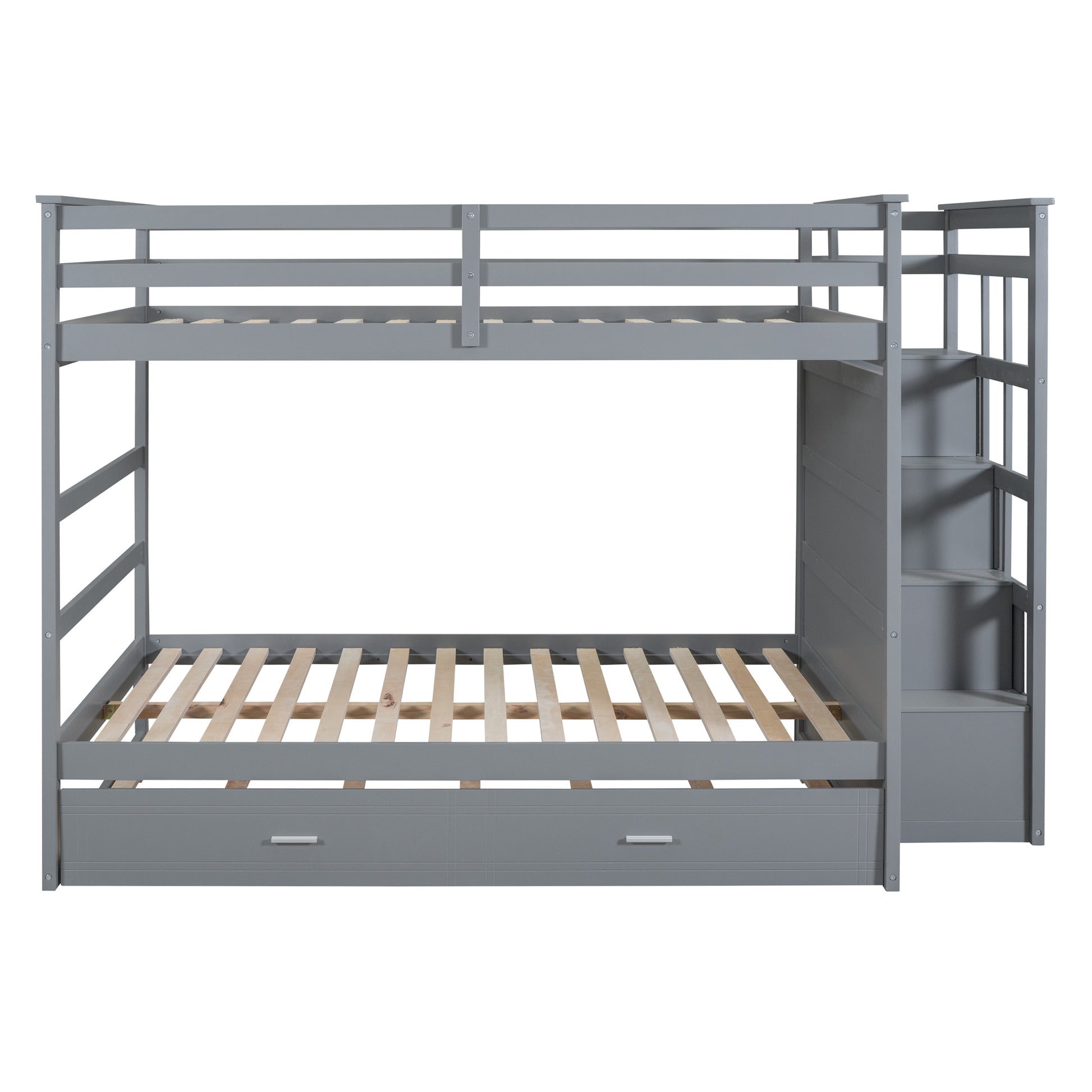 Full Over Full Bunk Bed With Twin Size Trundle And Staircase, Gray Gray Solid Wood