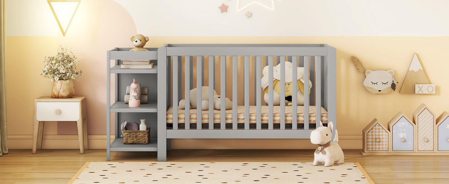 Convertible Crib Full Size Bed With Changing Table, Gray Gray Solid Wood