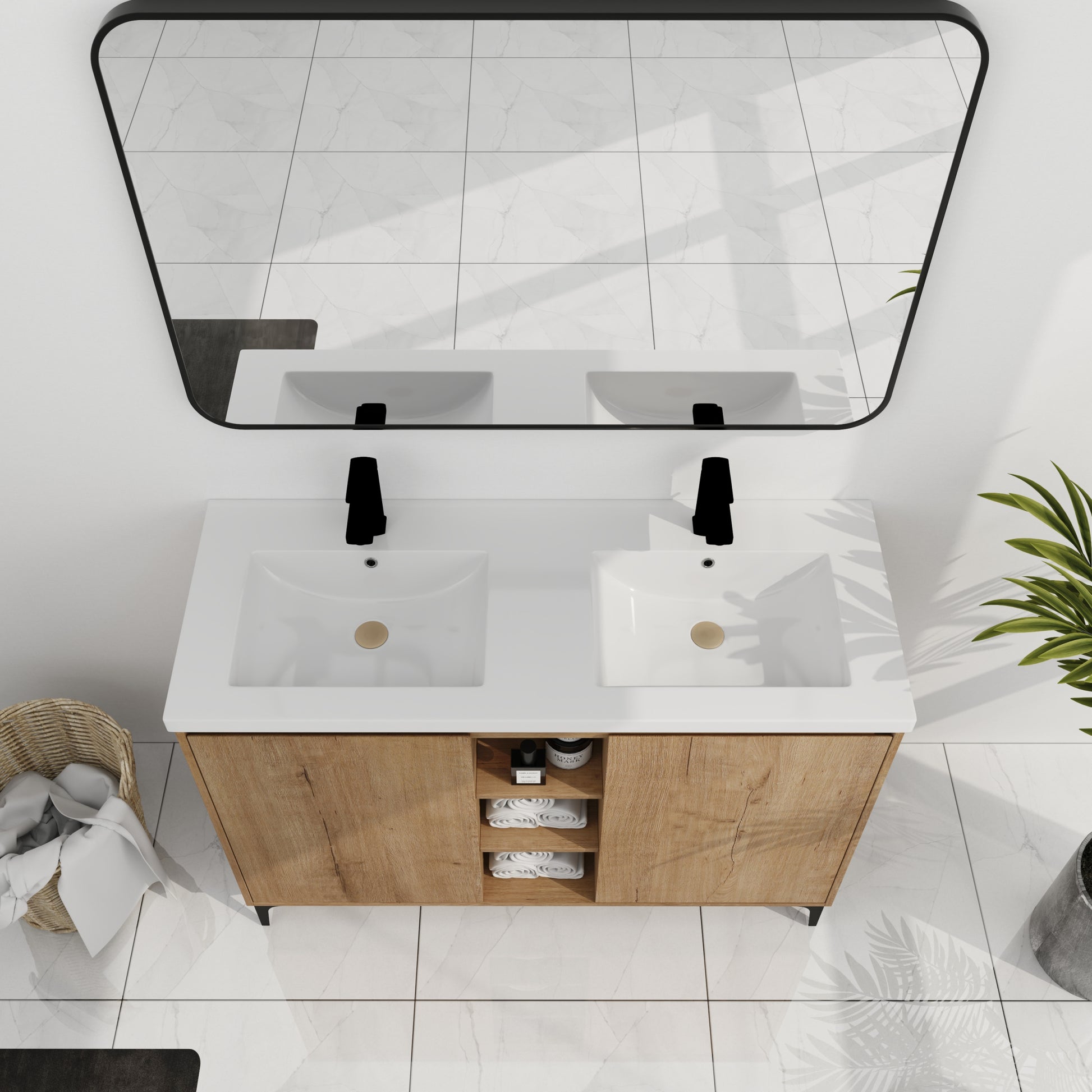 48" Freestanding Bathroom Vanity With Double Sink, Soft Closing Door Hinge Kd Package Bvb07148Imox Grb4840D Imitative Oak 2 Bathroom Freestanding Modern Plywood