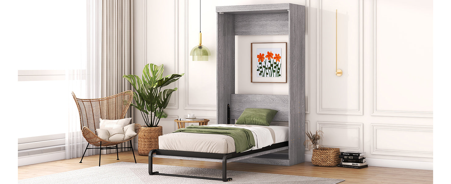 Twin Size Murphy Bed, Can Be Folded Into A Cabinet, Gray Twin Box Spring Not Required Grey Murphy Solid Wood Mdf