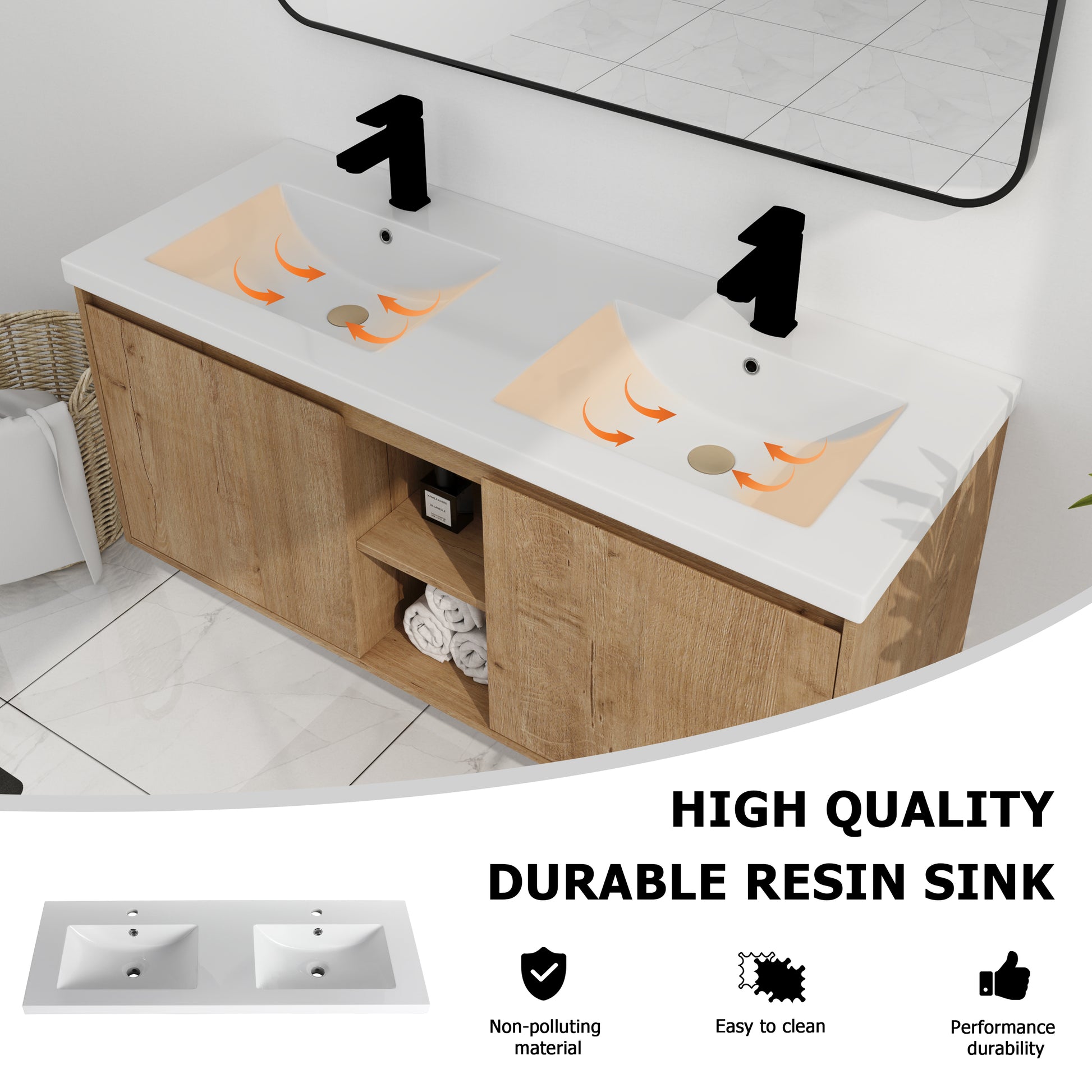 48" Wall Mounted Bathroom Vanity With Double Sink, Soft Closing Door Hinge Kd Package Bvb07248Imox Grb4840D Imitative Oak 2 Bathroom Wall Mounted Modern Plywood