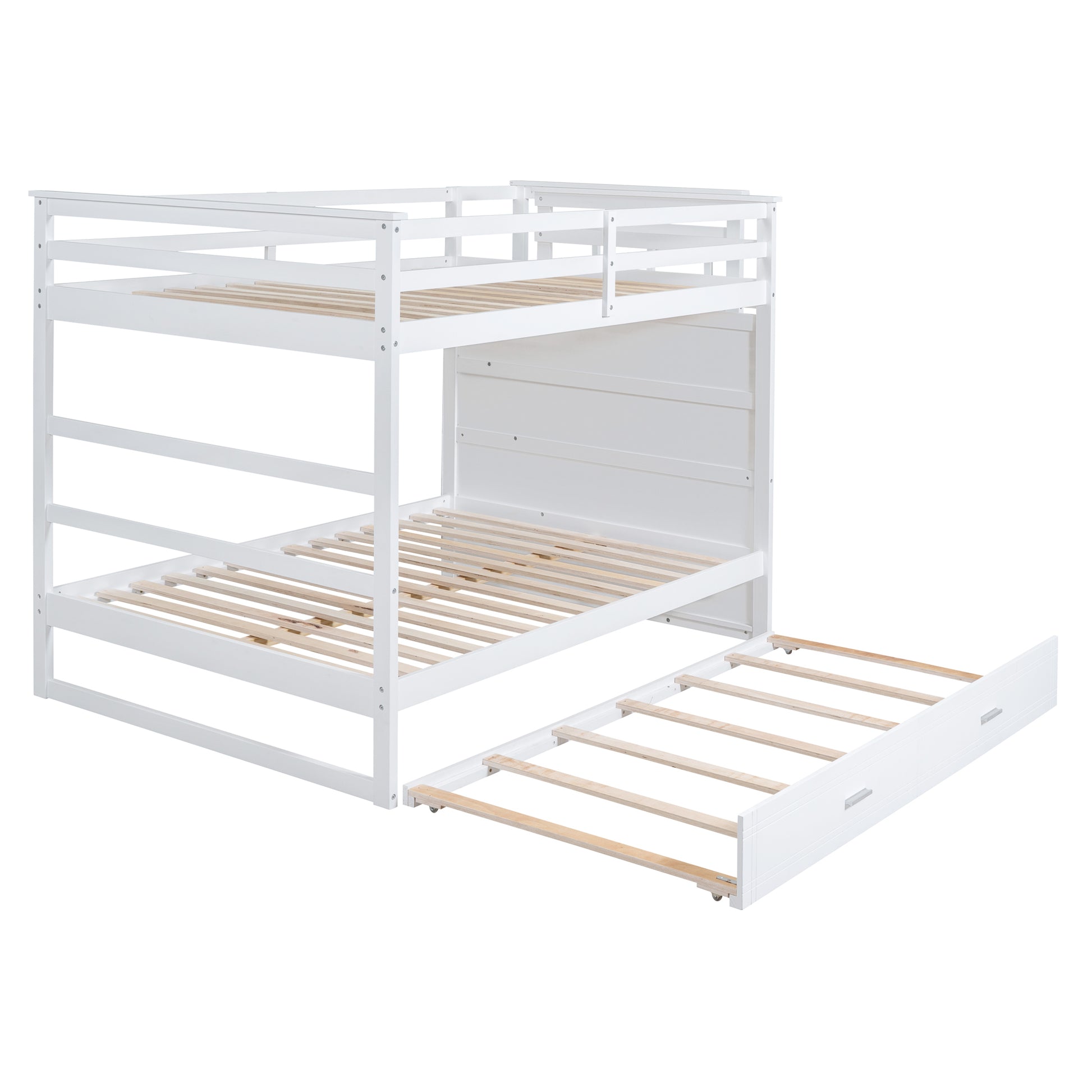 Full Over Full Bunk Bed With Twin Size Trundle And Staircase, White White Solid Wood