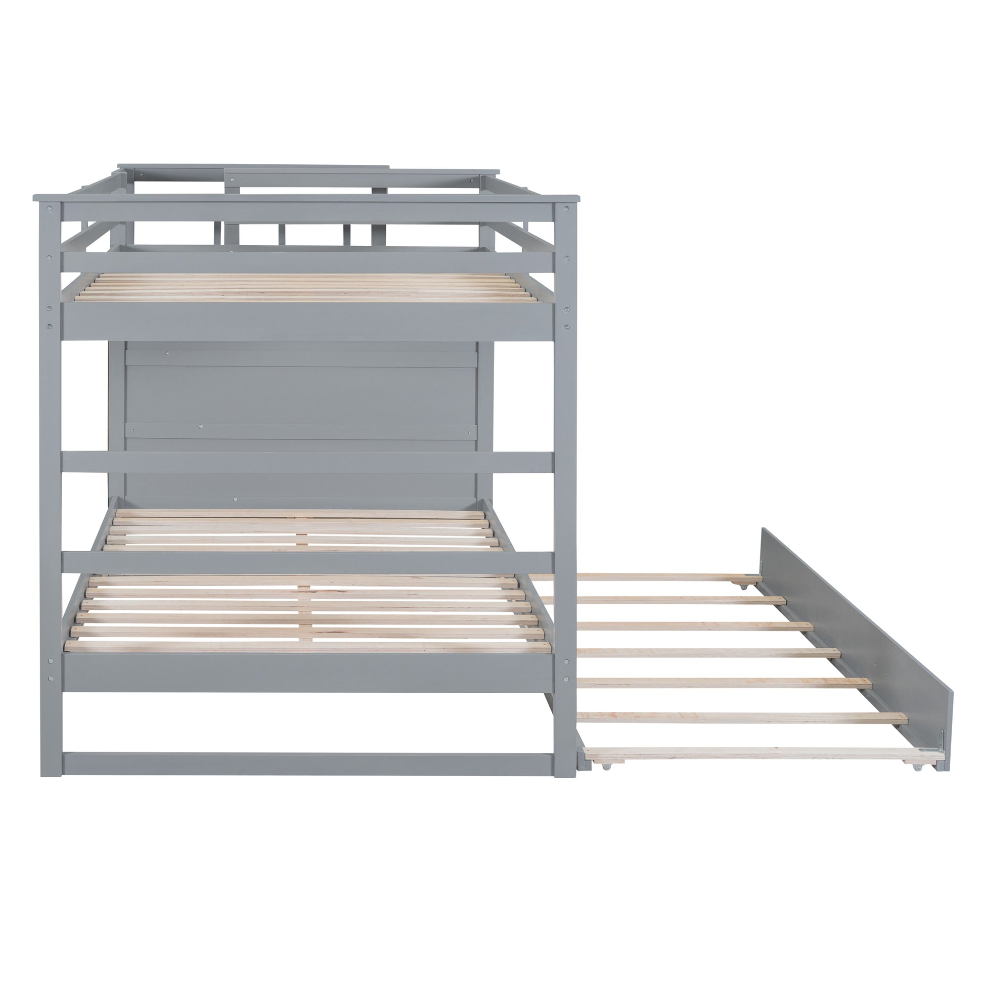 Full Over Full Bunk Bed With Twin Size Trundle And Staircase, Gray Gray Solid Wood