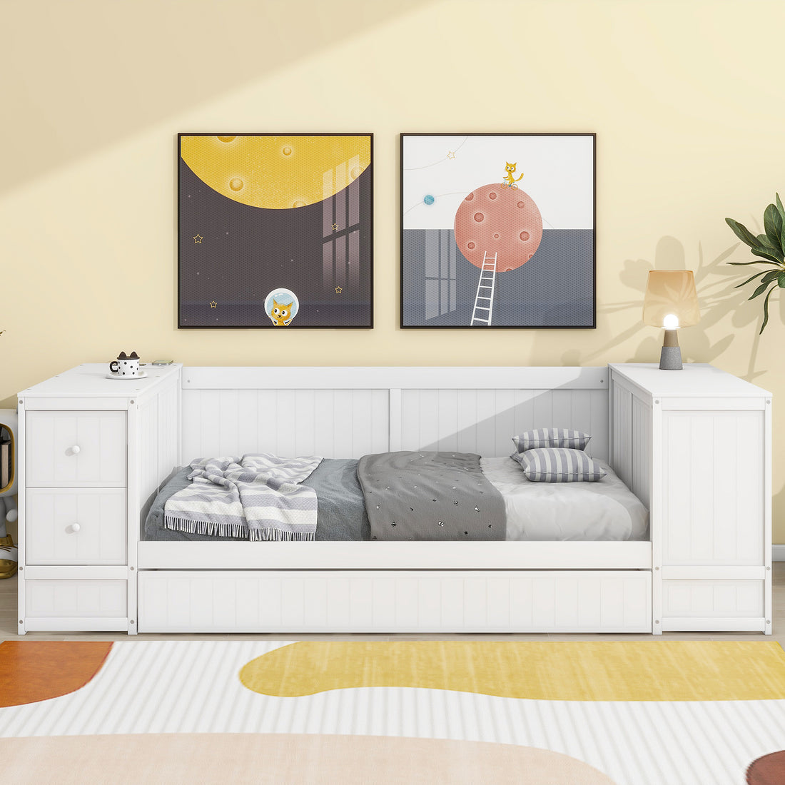 Twin Size Daybed With Storage Arms, Trundle And Charging Station, White Box Spring Not Required Twin White Wood Daybeds Solid Wood Mdf