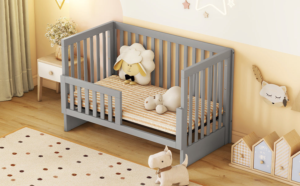 Convertible Crib Full Size Bed With Changing Table, Gray Gray Solid Wood