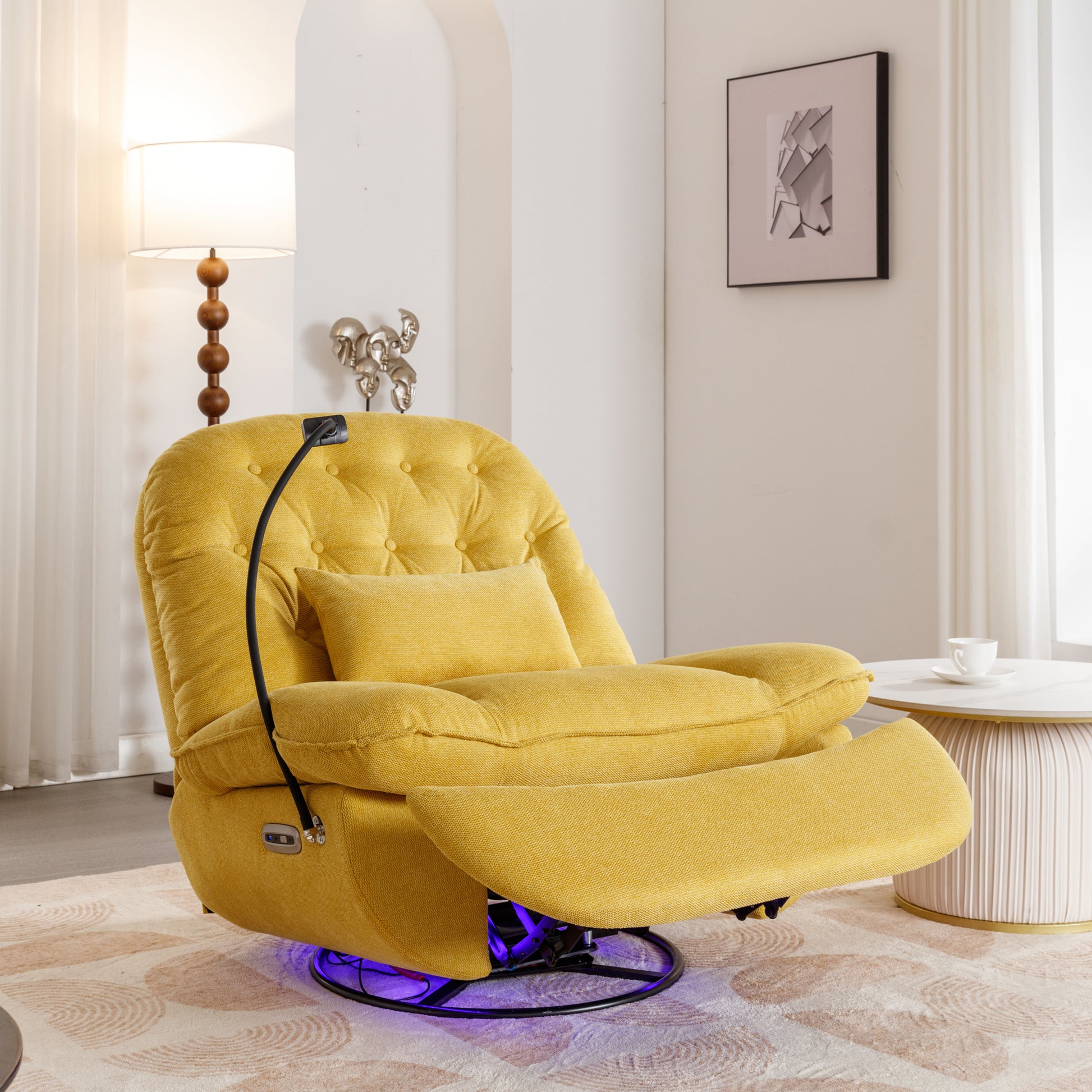 270 Degree Swivel Power Recliner With Voice Control, Bluetooth Music Player,Usb Ports, Atmosphere Lamp, Hidden Arm Storage And Mobile Phone Holder For Living Room, Bedroom, Apartment, Yellow Yellow Foam Linen