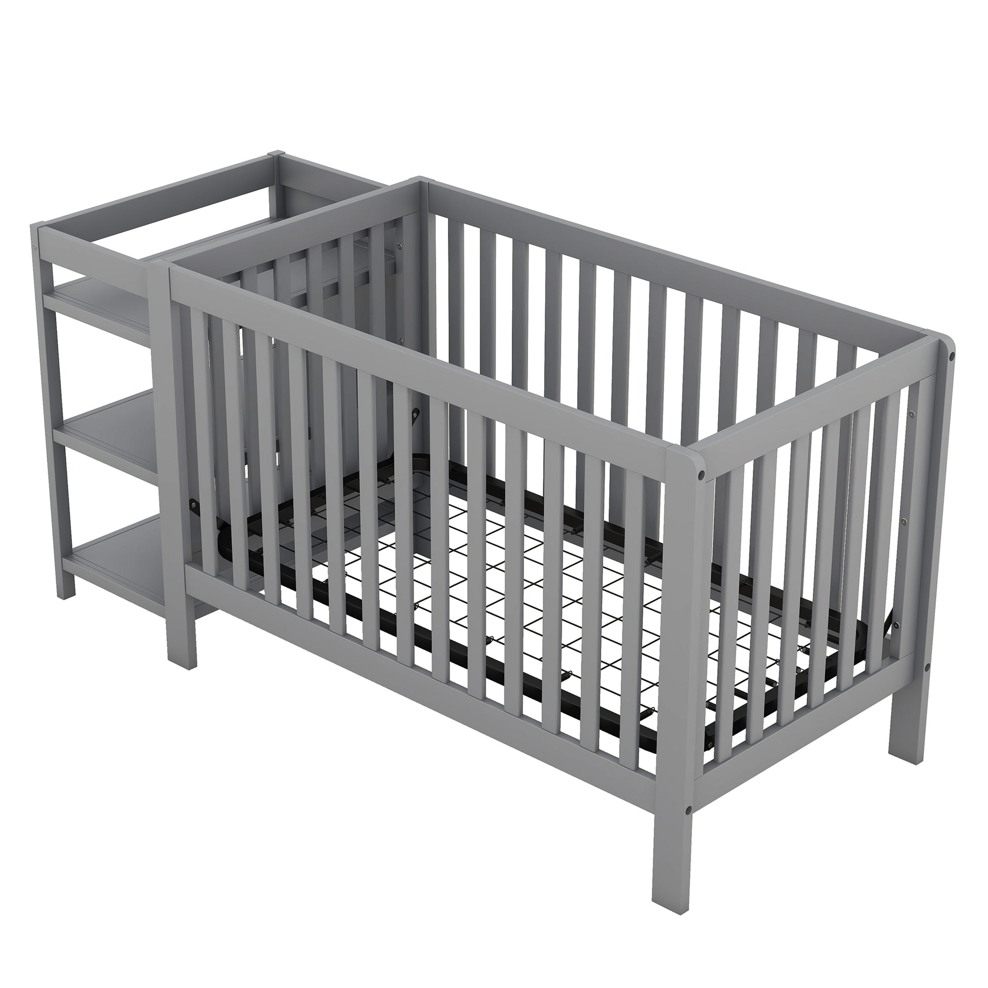 Convertible Crib Full Size Bed With Changing Table, Gray Gray Solid Wood