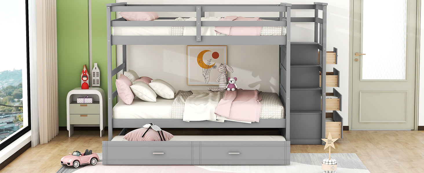 Full Over Full Bunk Bed With Twin Size Trundle And Staircase, Gray Gray Solid Wood