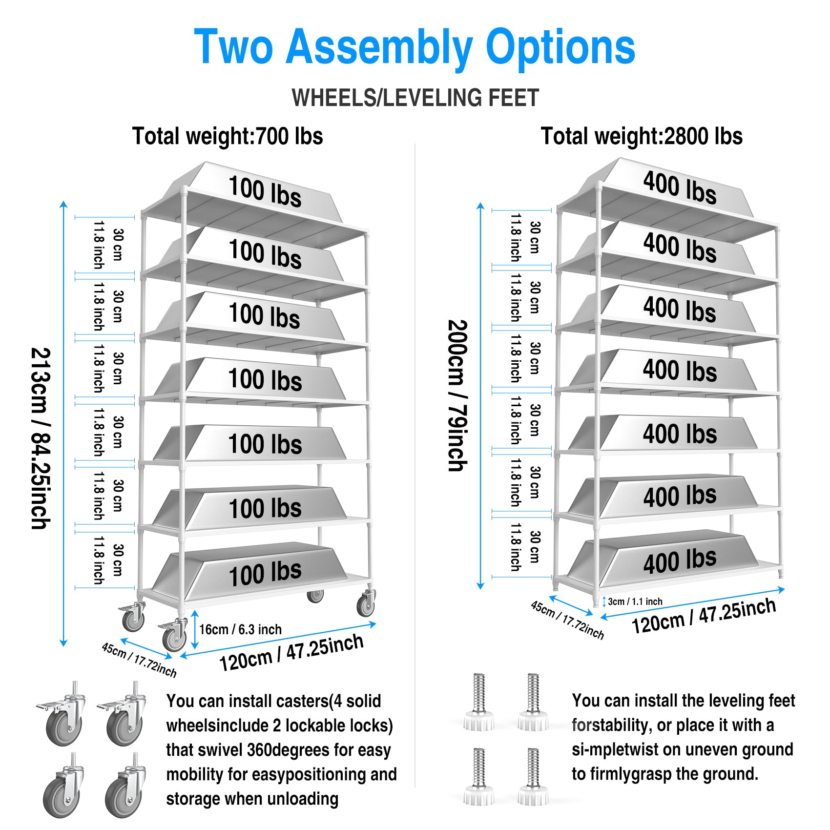 7 Tier Standing Shelf Units, 2800 Lbs Nsf Height Adjustable Metal Garage Storage Shelves With Wheels, Heavy Duty Storage Rack Metal Shelves Black 7T 2800Lbs White White Iron Plastic