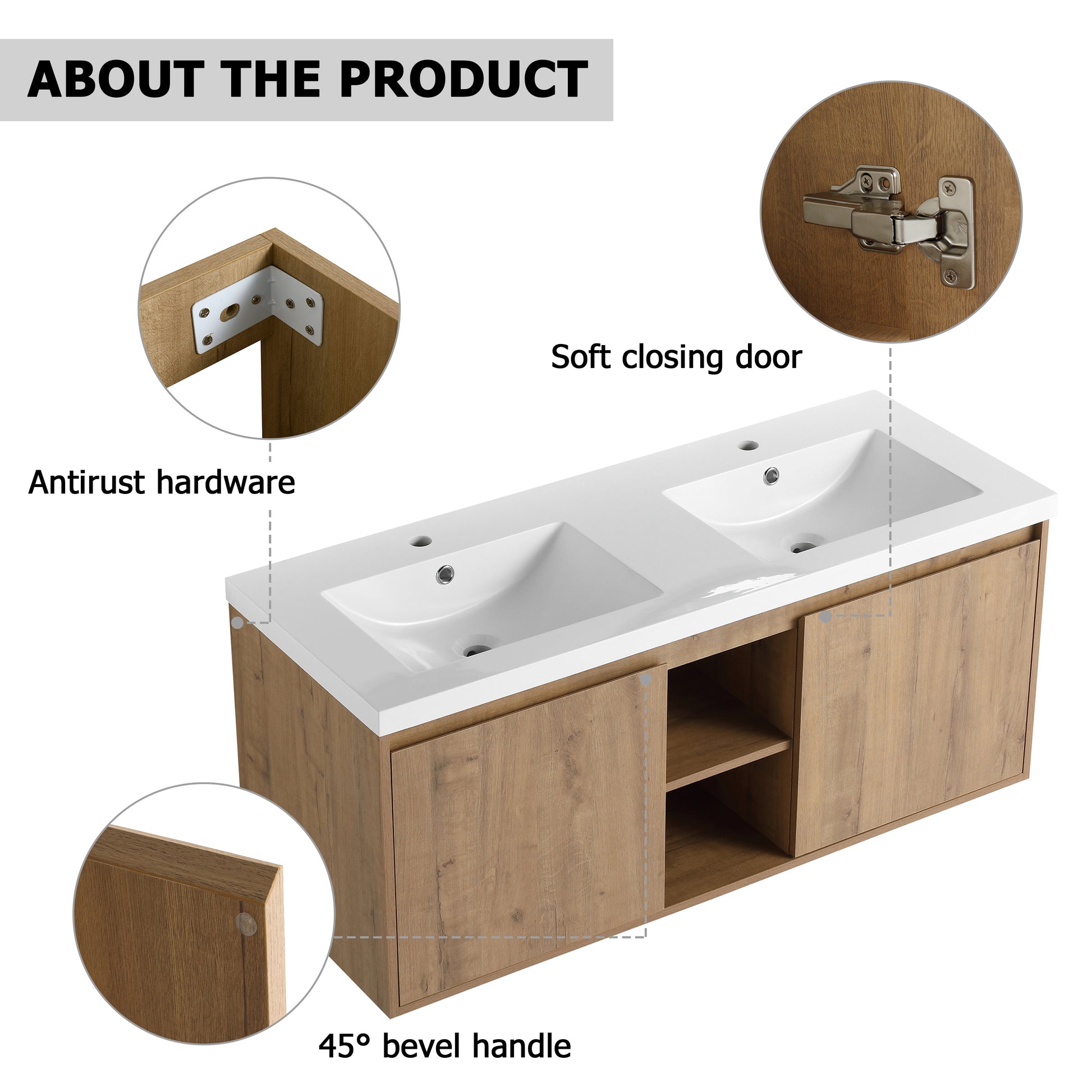 48" Wall Mounted Bathroom Vanity With Double Sink, Soft Closing Door Hinge Kd Package Bvb07248Imox Grb4840D Imitative Oak 2 Bathroom Wall Mounted Modern Plywood