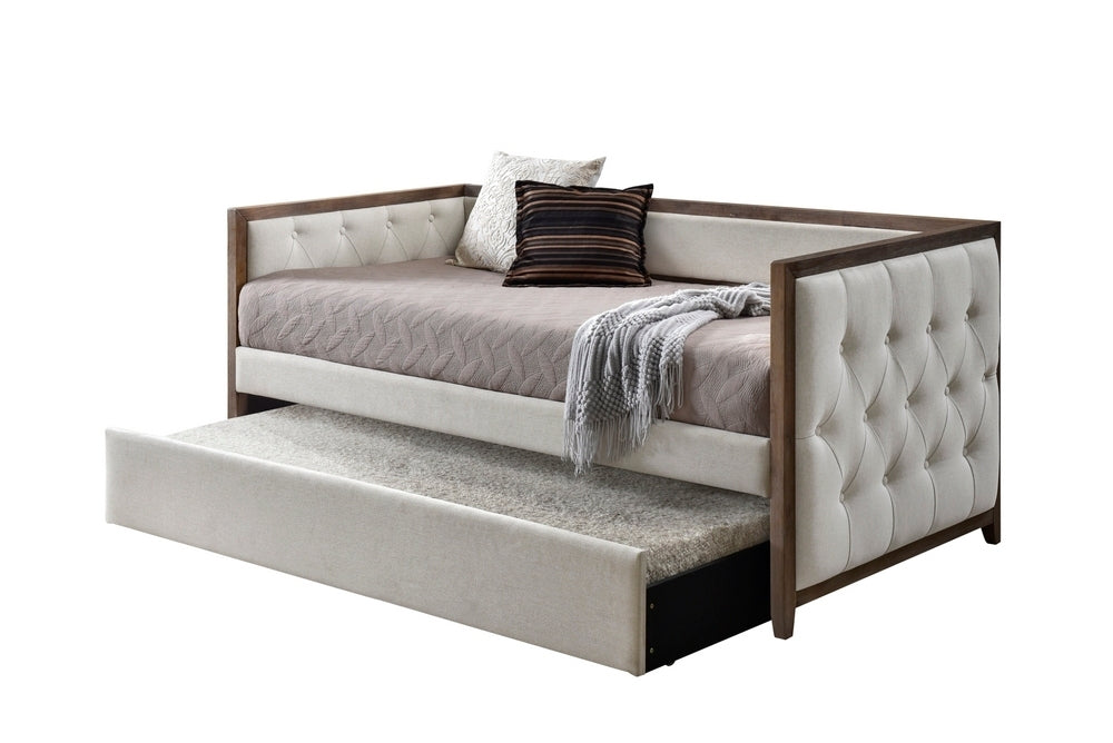 Ultra Stylish Daybed With Trundle 1Pc Solid Wood Frame Beige Fabric Upholstered Button Tufted Modern Home Furniture Beige Solid Wood