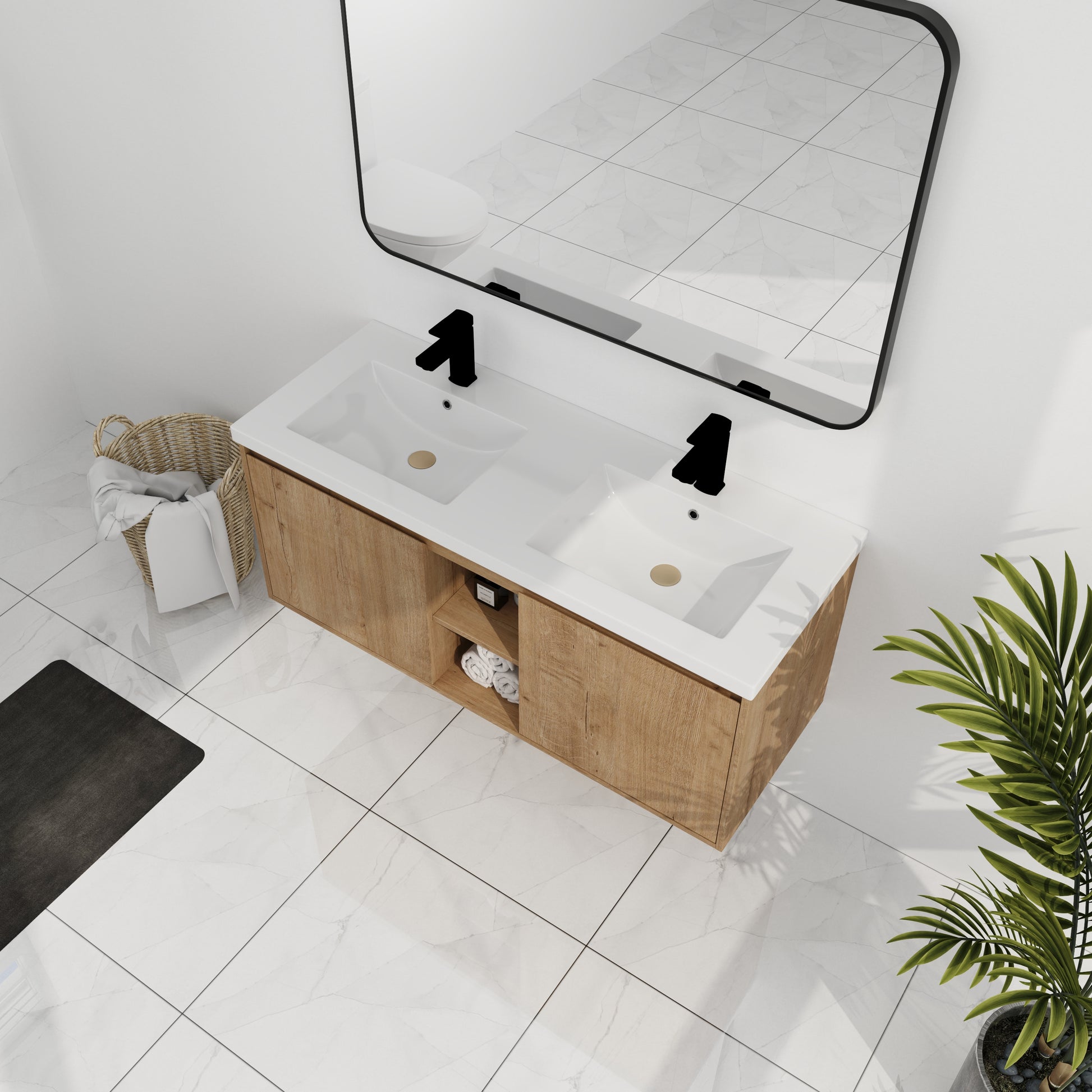 48" Wall Mounted Bathroom Vanity With Double Sink, Soft Closing Door Hinge Kd Package Bvb07248Imox Grb4840D Imitative Oak 2 Bathroom Wall Mounted Modern Plywood