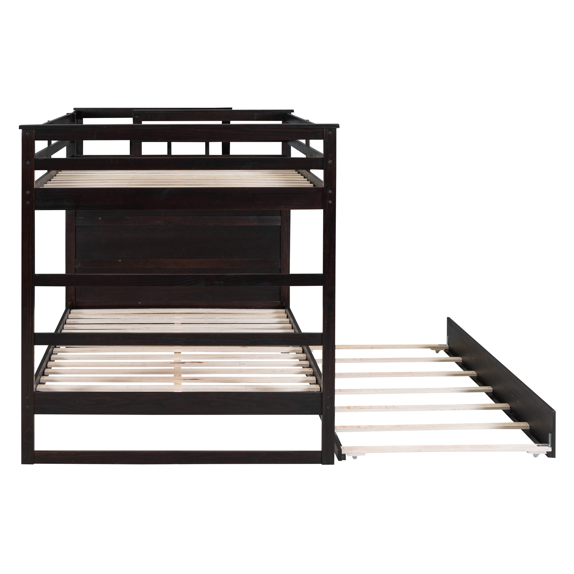 Full Over Full Bunk Bed With Twin Size Trundle And Staircase, Espresso Espresso Solid Wood