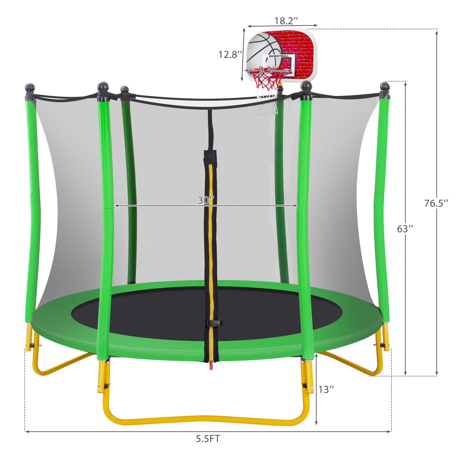 5.5Ft Trampoline For Kids 65" Outdoor & Indoor Mini Toddler Trampoline With Enclosure, Basketball Hoop And Ball Included Grass Green Metal