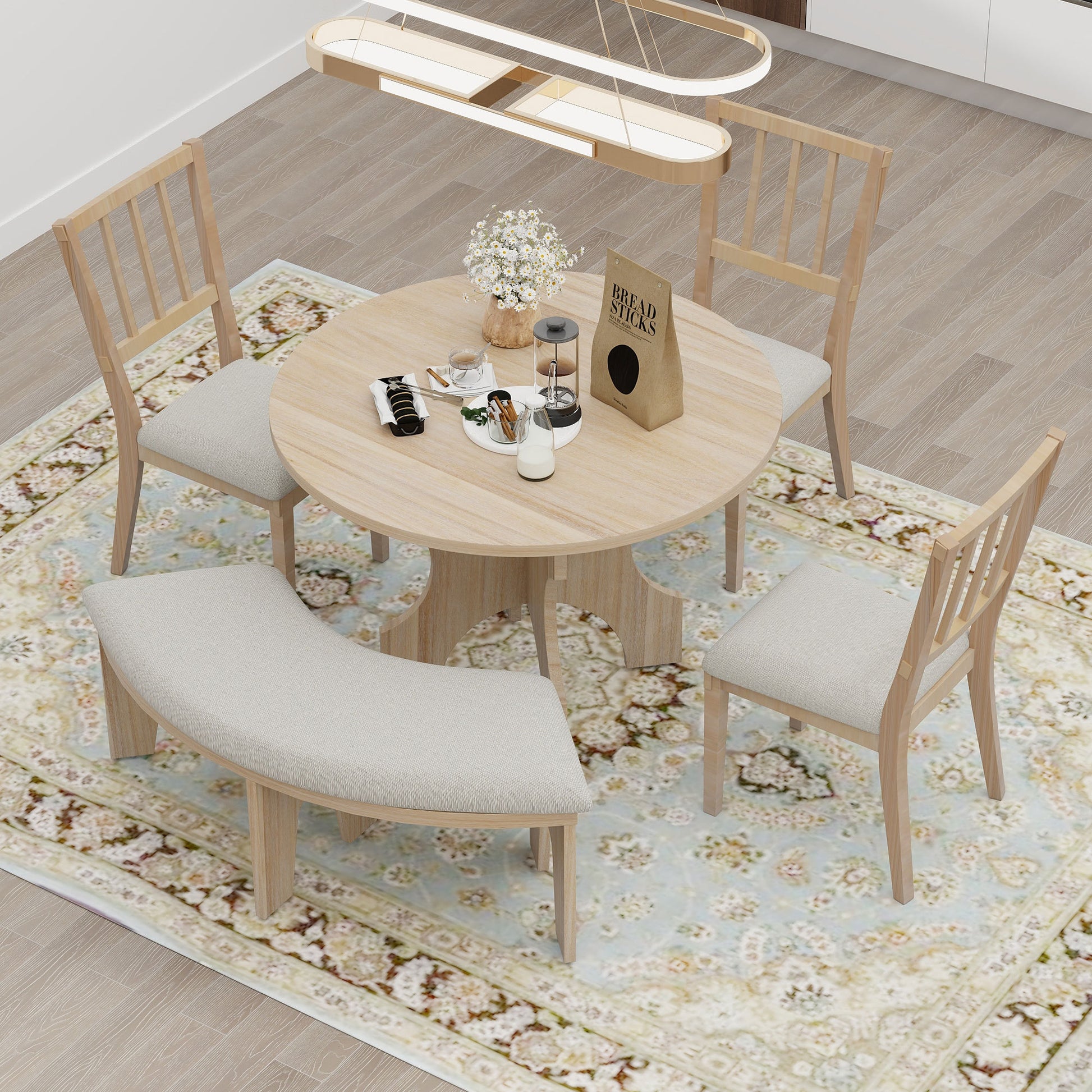 5 Piece Dining Table Set, 44" Round Dining Table With Curved Bench & Side Chairs For 4 5 People For Dining Room And Kitchen Natural Wood Wash Wood Dining Room Distressed Finish Rubberwood Round Dining Table With Chair And Bench Upholstered Chair Wood