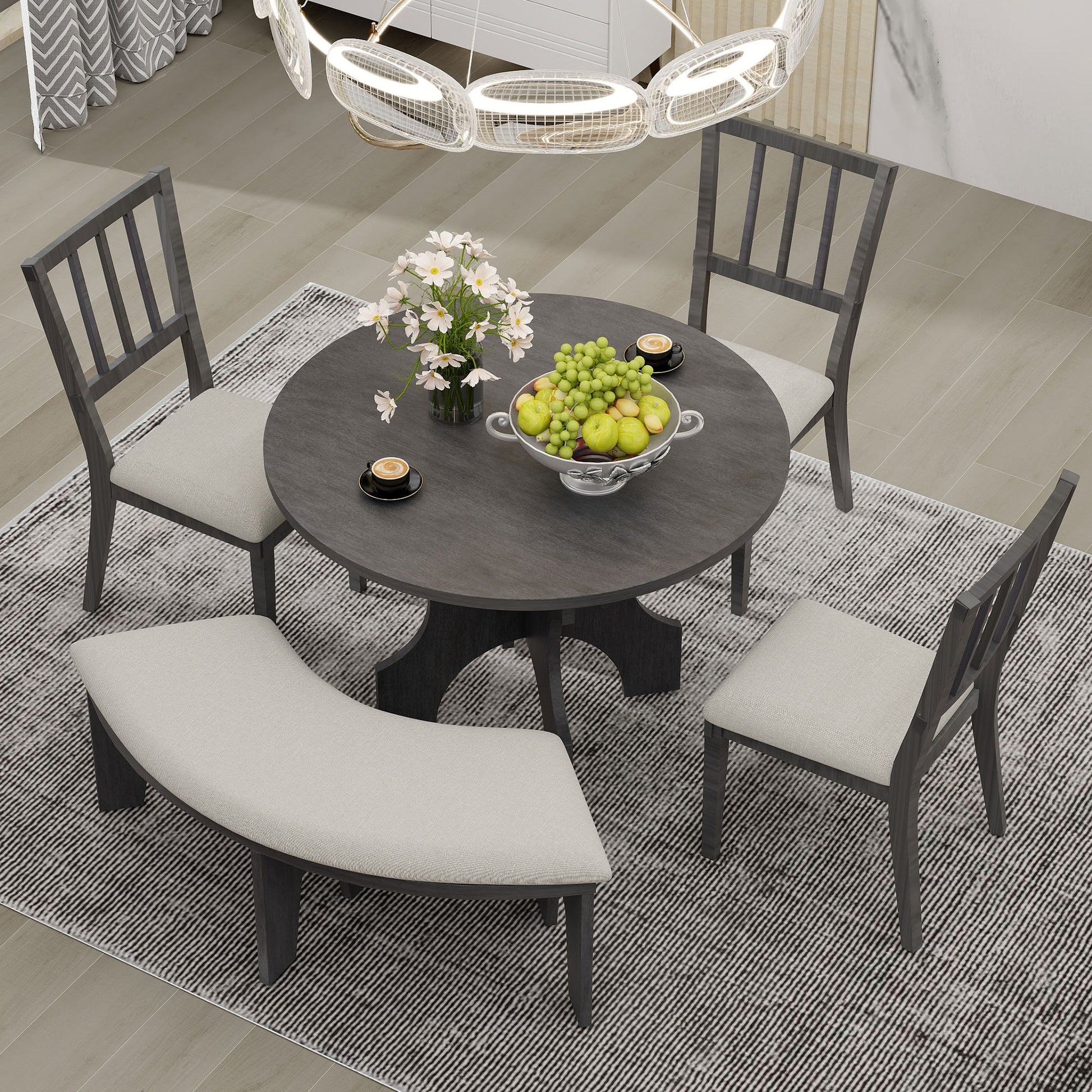 5 Piece Dining Table Set, 44" Round Dining Table With Curved Bench & Side Chairs For 4 5 People For Dining Room And Kitchen Grey Wood Dining Room Distressed Finish Rubberwood Round Dining Table With Chair And Bench Upholstered Chair Wood Grey Slat Back