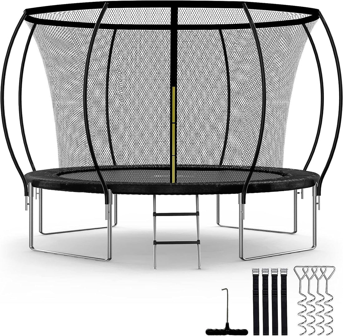 Simple Deluxe Recreational Trampoline With Enclosure Net 12Ft Wind Stakes Outdoor Trampoline For Kids And Adults Family Happy Time, Astm Approved Black 12Ft Black Polypropylene