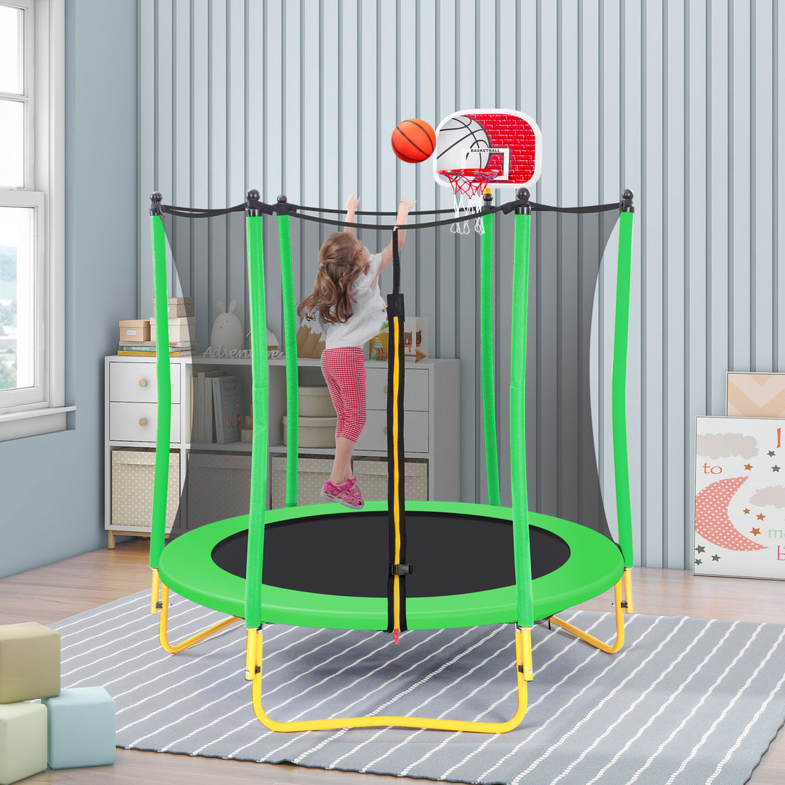 5.5Ft Trampoline For Kids 65" Outdoor & Indoor Mini Toddler Trampoline With Enclosure, Basketball Hoop And Ball Included Grass Green Metal