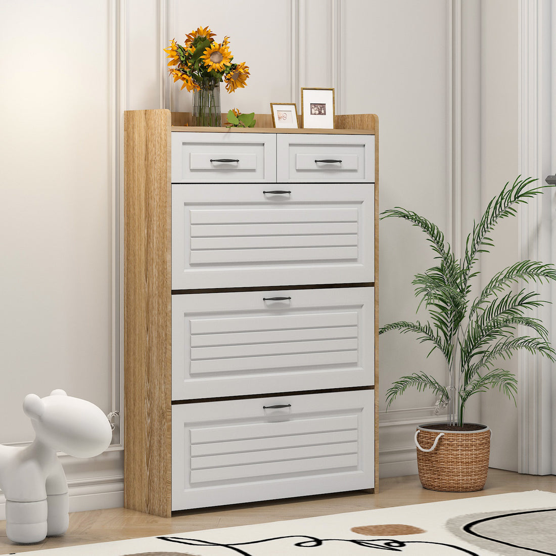 1250 White Oak Color Shoe Cabinet With 3 Doors 2 Drawers,Pvc Door With Shape ,Large Space For Storage Chest 5 Or More Drawers White Brown Primary Living Space Drawers Included Particle Board Mdf