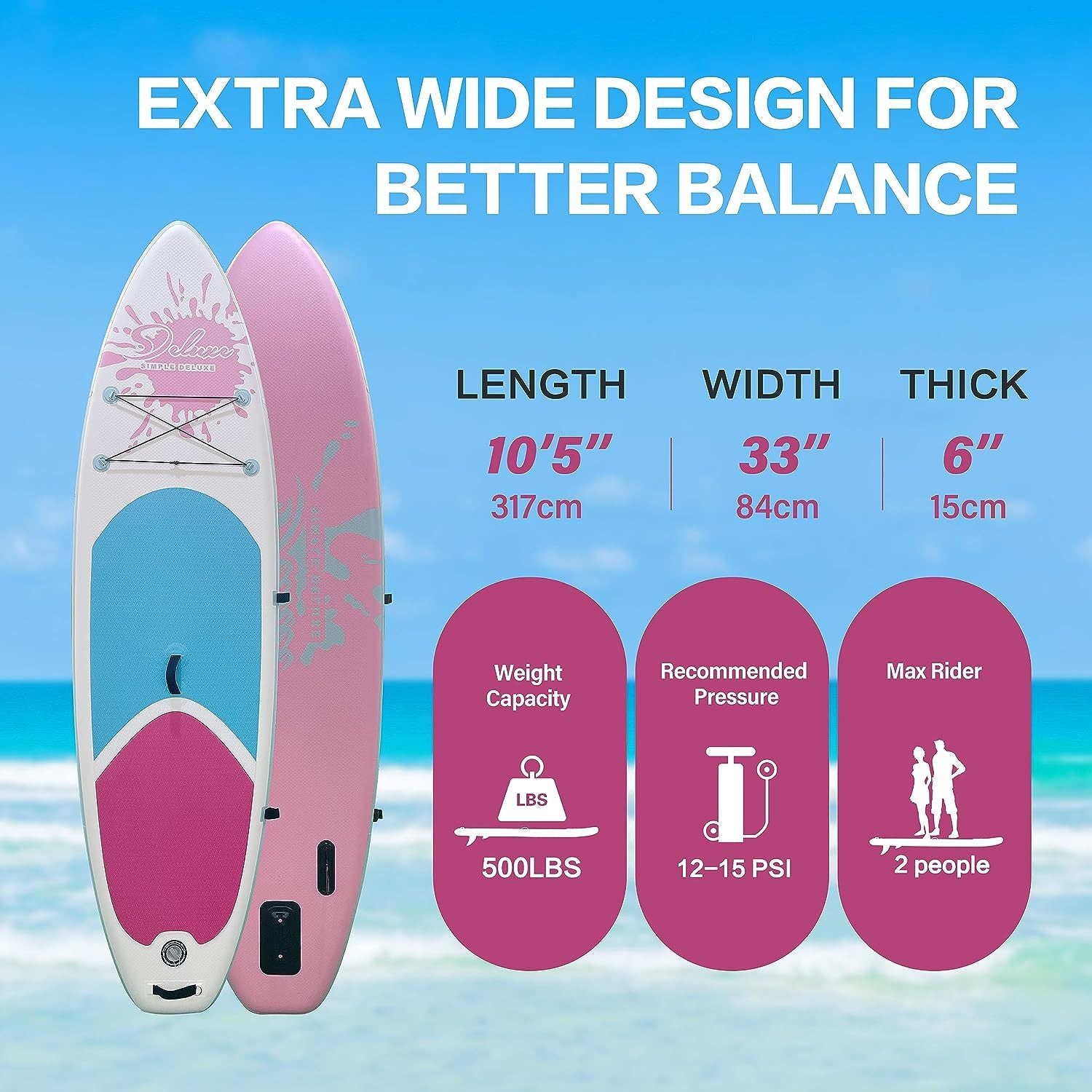 Inflatable Stand Up Paddle Board Simple Deluxe Premium Sup For All S Levels, Pink Paddle Boards For Adults & Youth, Blow Up Stand Up Paddleboards With Accessories & Backpack, Surf Control Pink Aluminium