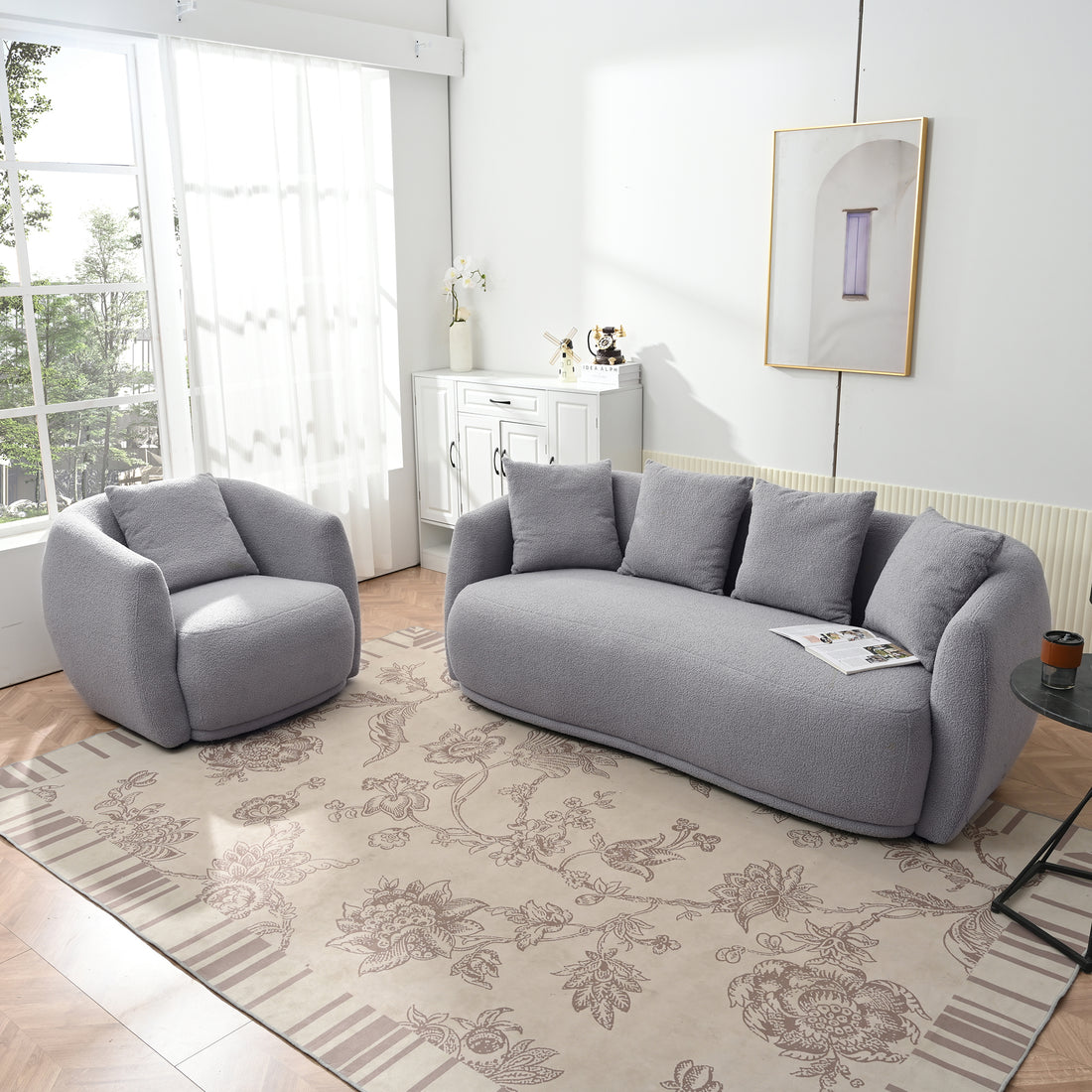 Upholstered Sofa Set,Modern Arm Chair For Living Room And Bedroom,With 5 Pillows Grey Polyester