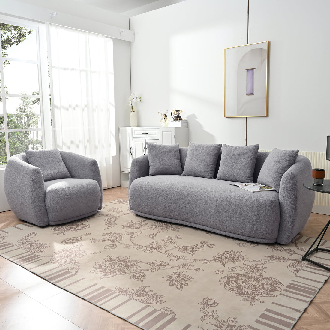 Upholstered Sofa Set,Modern Arm Chair For Living Room And Bedroom,With 5 Pillows Grey Polyester