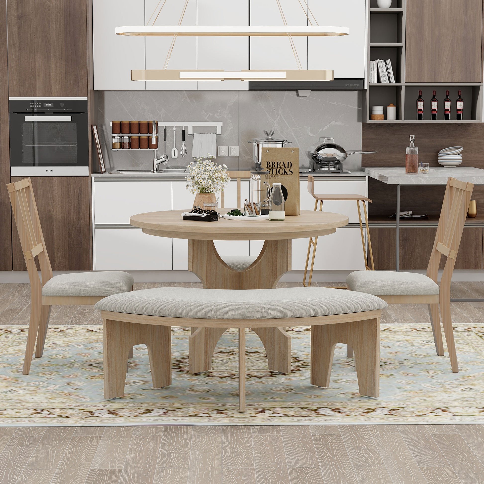 5 Piece Dining Table Set, 44" Round Dining Table With Curved Bench & Side Chairs For 4 5 People For Dining Room And Kitchen Natural Wood Wash Wood Dining Room Distressed Finish Rubberwood Round Dining Table With Chair And Bench Upholstered Chair Wood