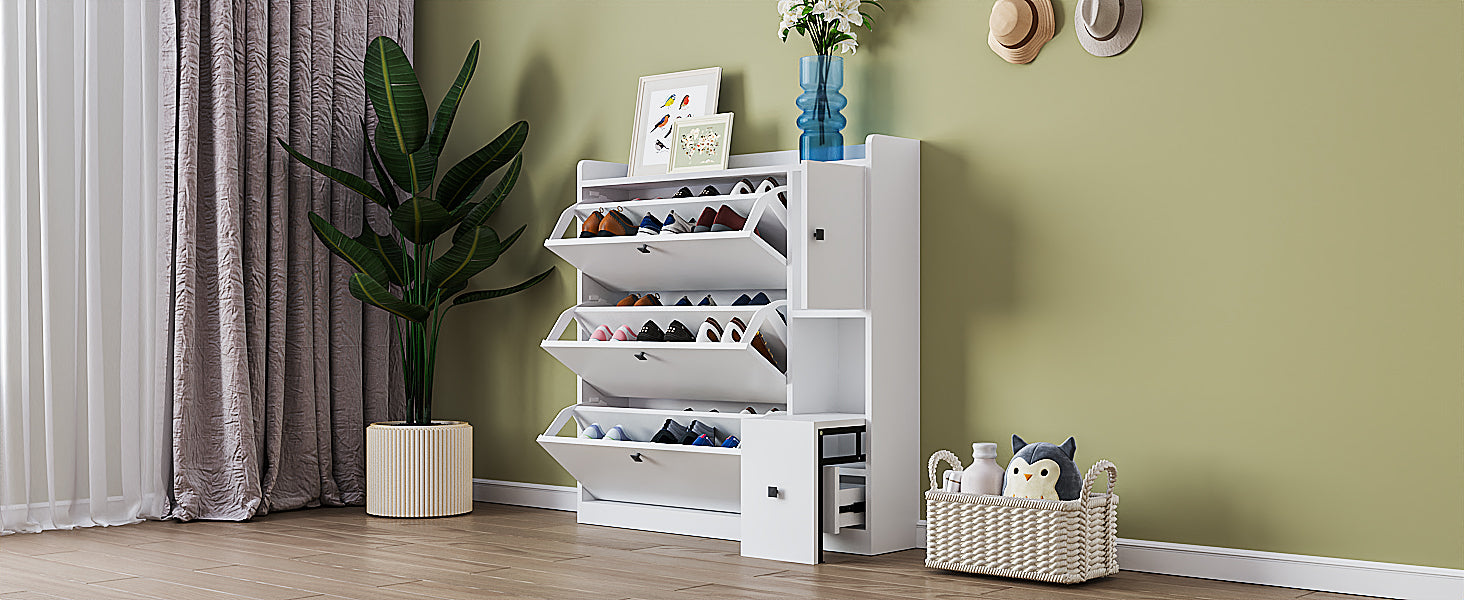 Versatile Shoe Cabinet With 3 Flip Drawers, Maximum Storage Entryway Organizer With Drawer, Free Standing Shoe Rack With Pull Down Seat For Hallway, White Freestanding 3 4 Drawers White Primary Living Space Adjustable Shelves Particle Board