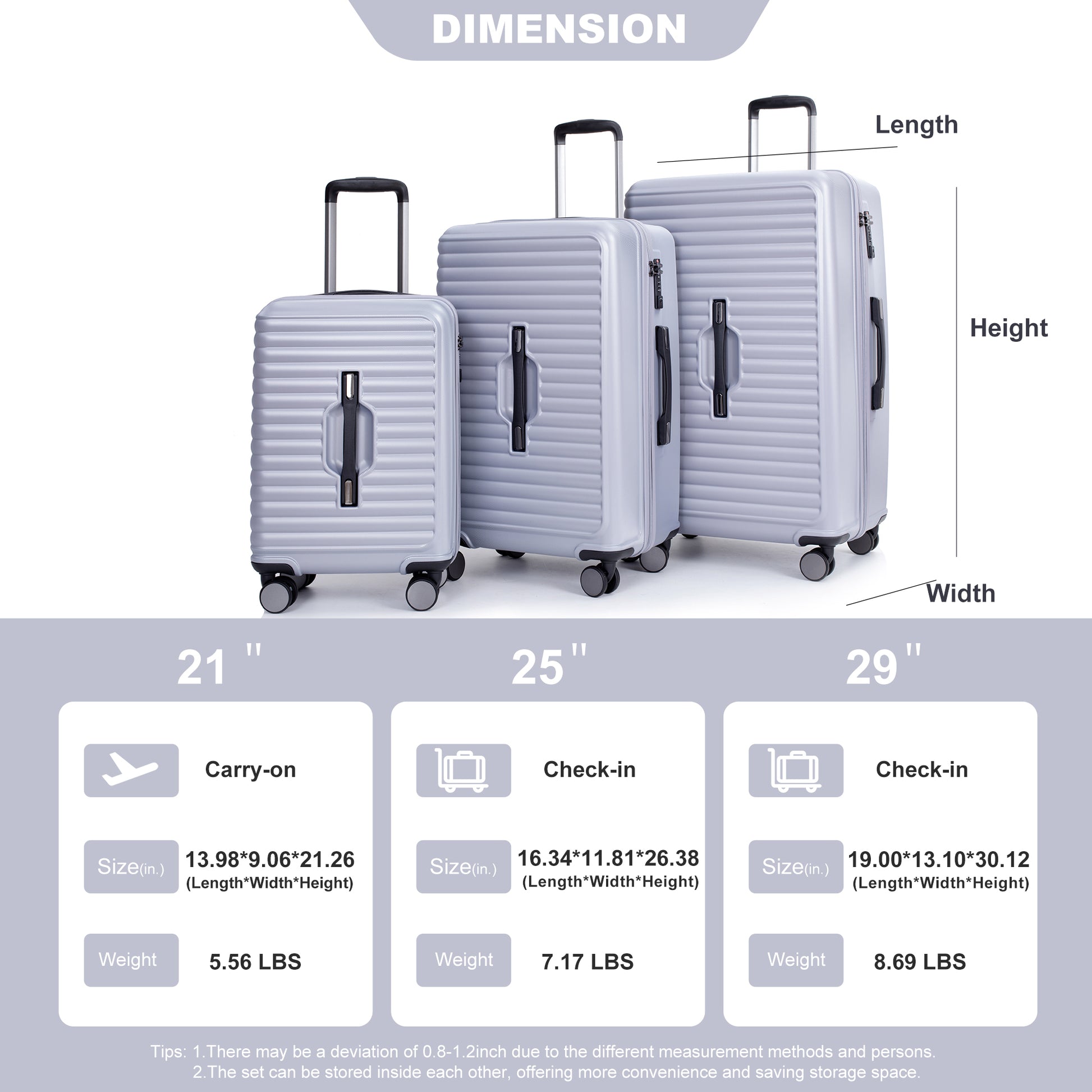 3 Piece Luggage Sets Pc Abs Lightweight Suitcase With Two Hooks, 360 Double Spinner Wheels, Tsa Lock, 21 25 29 Gray Gray Abs Pc