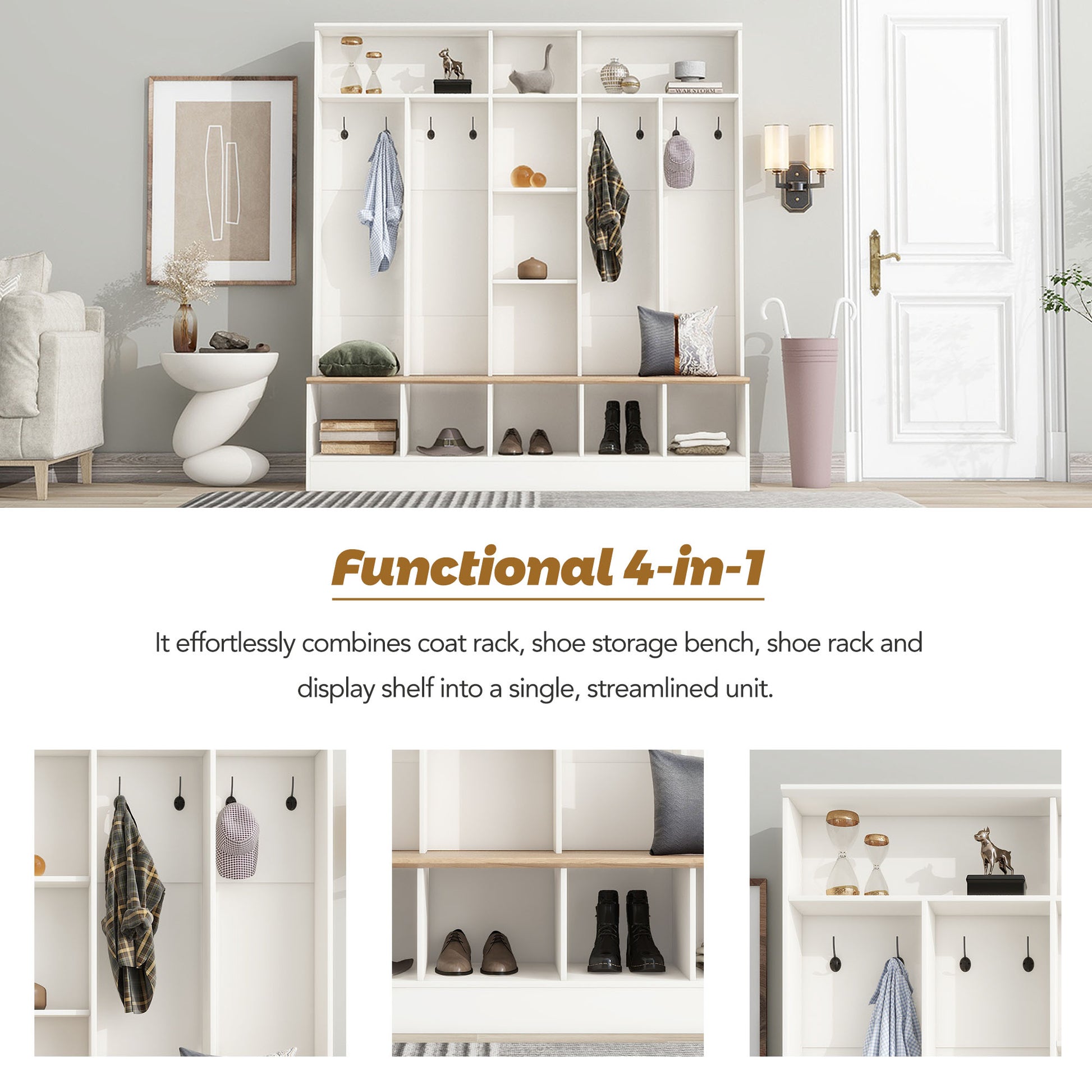 Wide Design Hall Tree With Storage Bench, Minimalist Shoe Cabinet With Cube Storage & Shelves, Multifunctional Coat Rack With 8 Hooks For Entryways, Mudroom, White High Back White Primary Living Space Cubby Particle Board