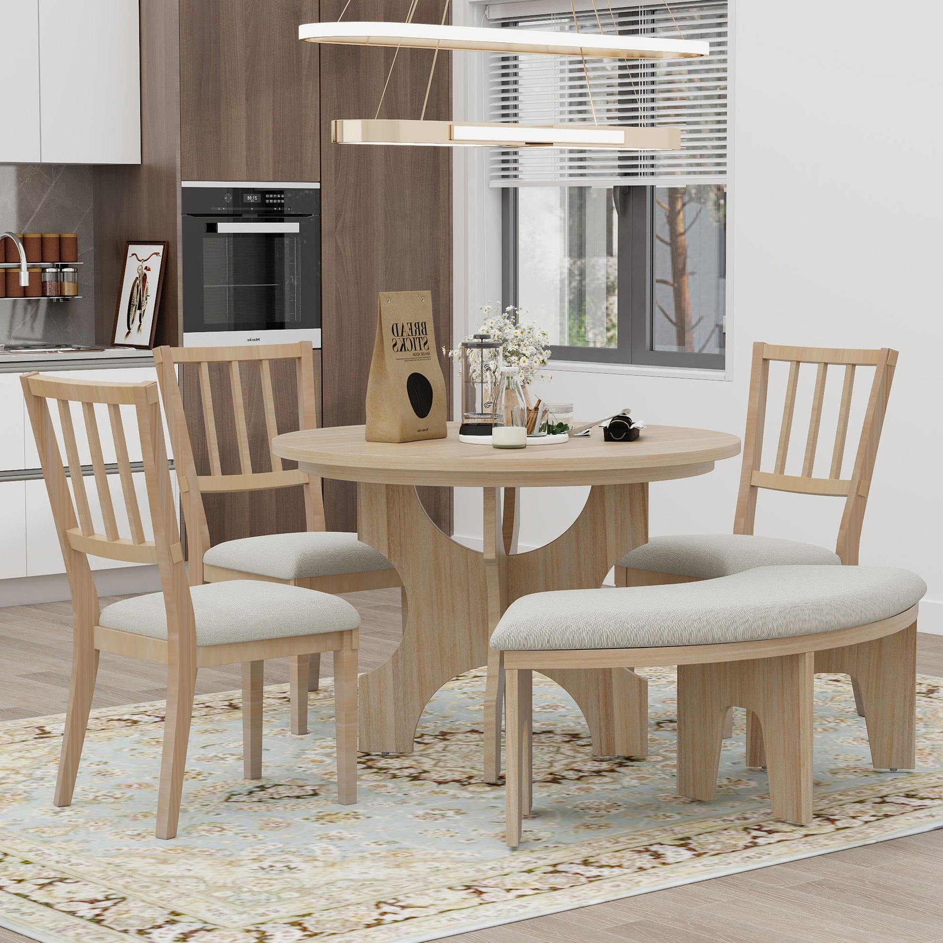 5 Piece Dining Table Set, 44" Round Dining Table With Curved Bench & Side Chairs For 4 5 People For Dining Room And Kitchen Natural Wood Wash Wood Dining Room Distressed Finish Rubberwood Round Dining Table With Chair And Bench Upholstered Chair Wood