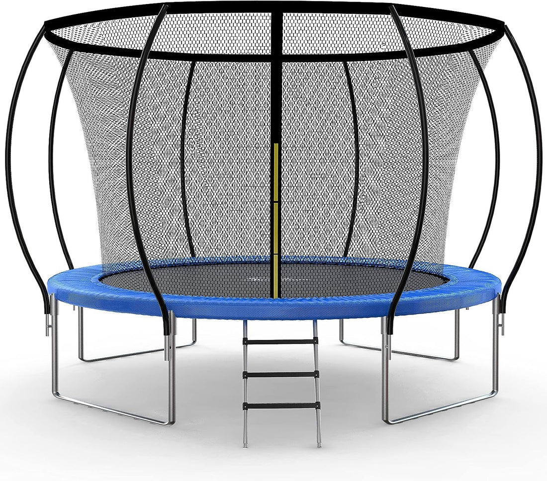 Simple Deluxe Recreational Trampoline With Enclosure Net 14Ft Wind Stakes Outdoor Trampoline For Kids And Adults Family Happy Time, Astm Approved Blue 14Ft Black Polypropylene