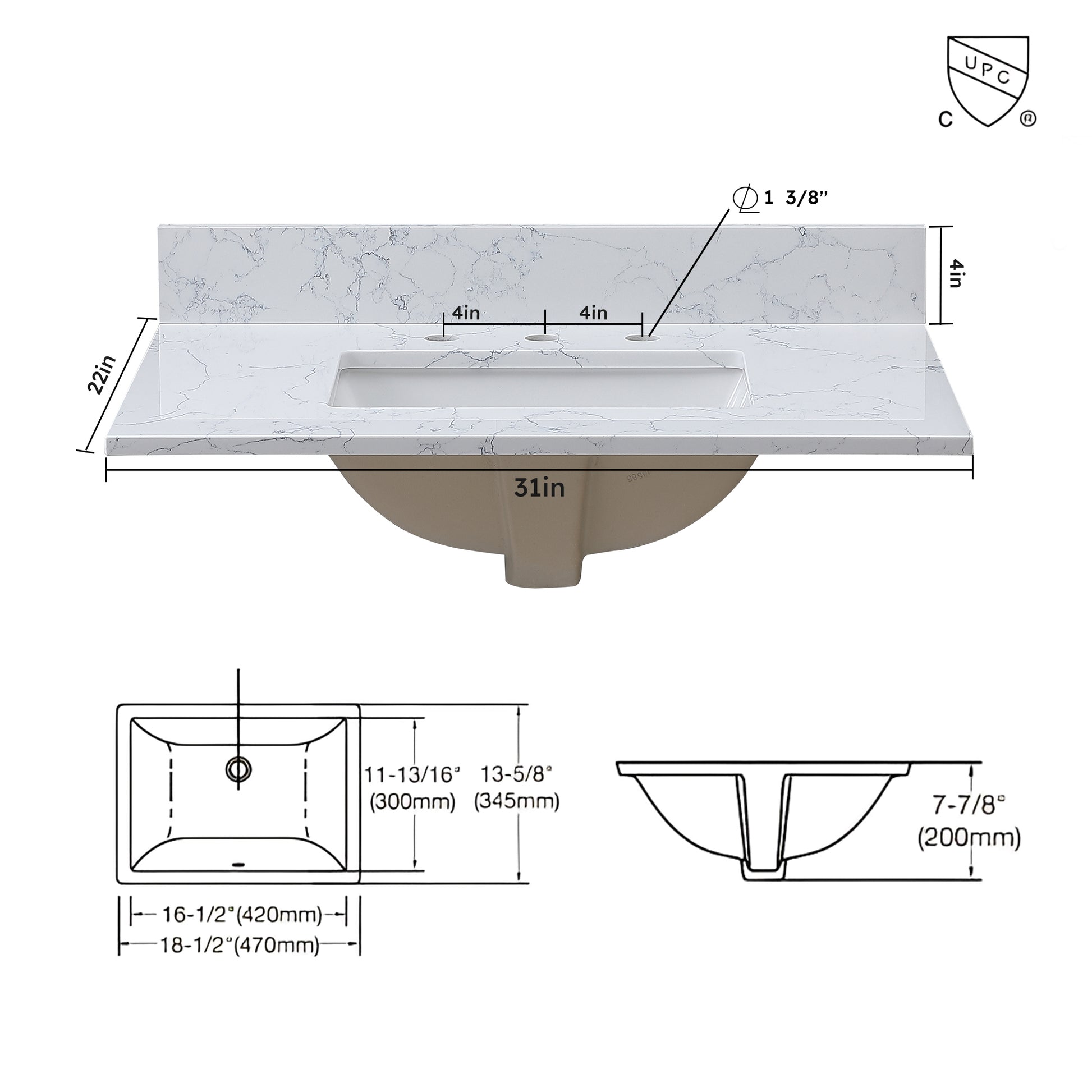 31"X 22" Bathroom Stone Vanity Top Carrara Jade Engineered Marble Color With Undermount Ceramic Sink And 3 Faucet Hole With Backsplash White Stone