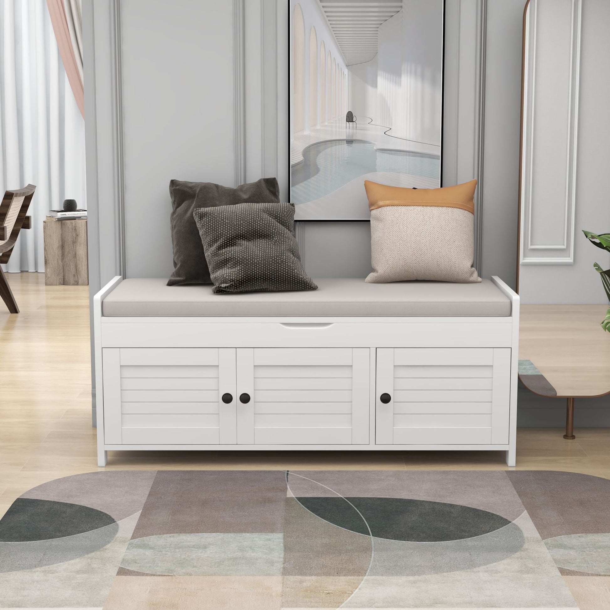 Storage Bench With 3 Shutter Shaped Doors, Shoe Bench With Removable Cushion And Hidden Storage Space White, Old Sku: Wf284226Aak White Mdf