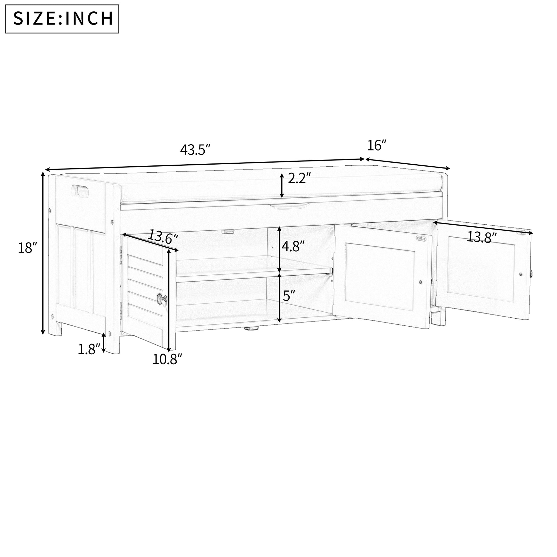 Storage Bench With 3 Shutter Shaped Doors, Shoe Bench With Removable Cushion And Hidden Storage Space White, Old Sku: Wf284226Aak White Mdf