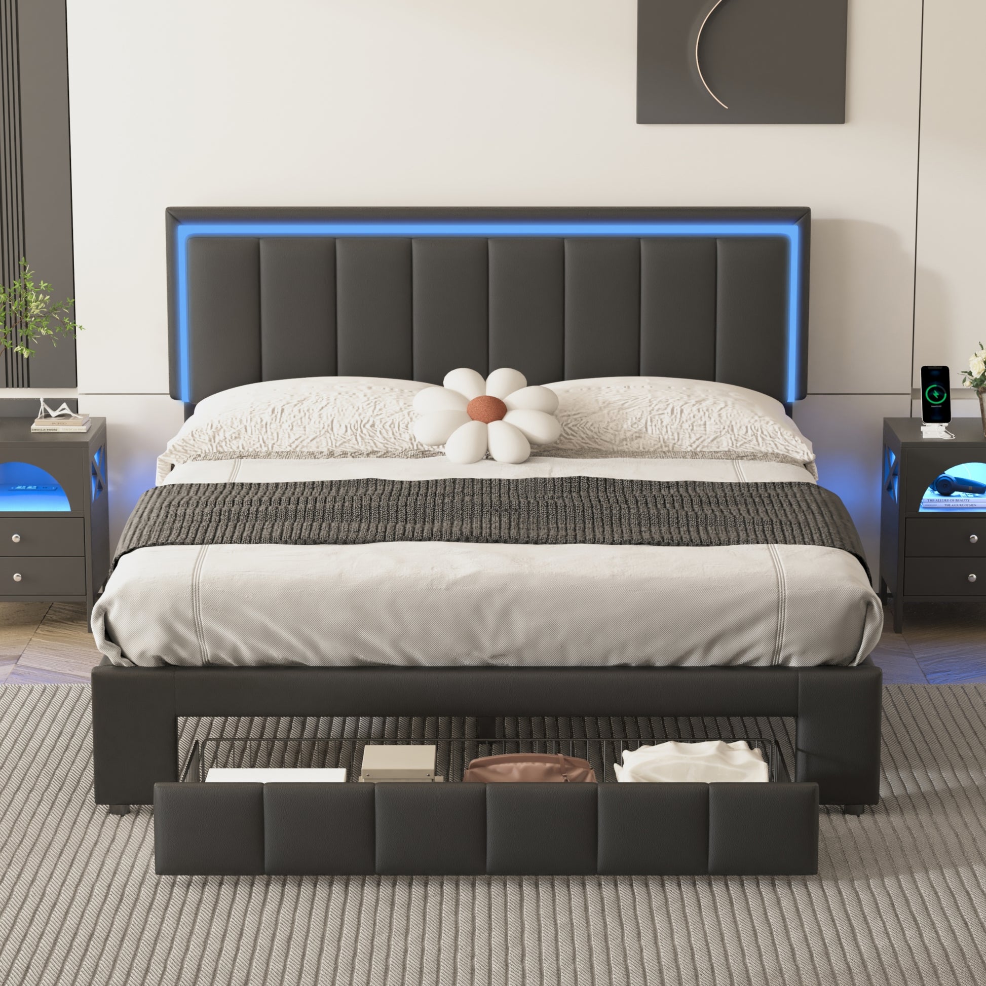 Upholstered Platform Bed With Led Lights And Two Motion Activated Night Lights,Queen Size Storage Bed With Drawer, Black Black Pu