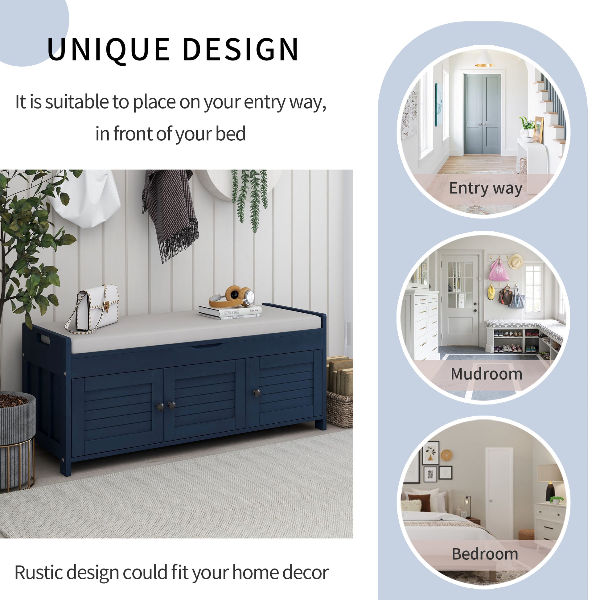 Storage Bench With 3 Shutter Shaped Doors, Shoe Bench With Removable Cushion And Hidden Storage Space Antique Navy, Old Sku: Wf284226Aam Antique Navy Mdf