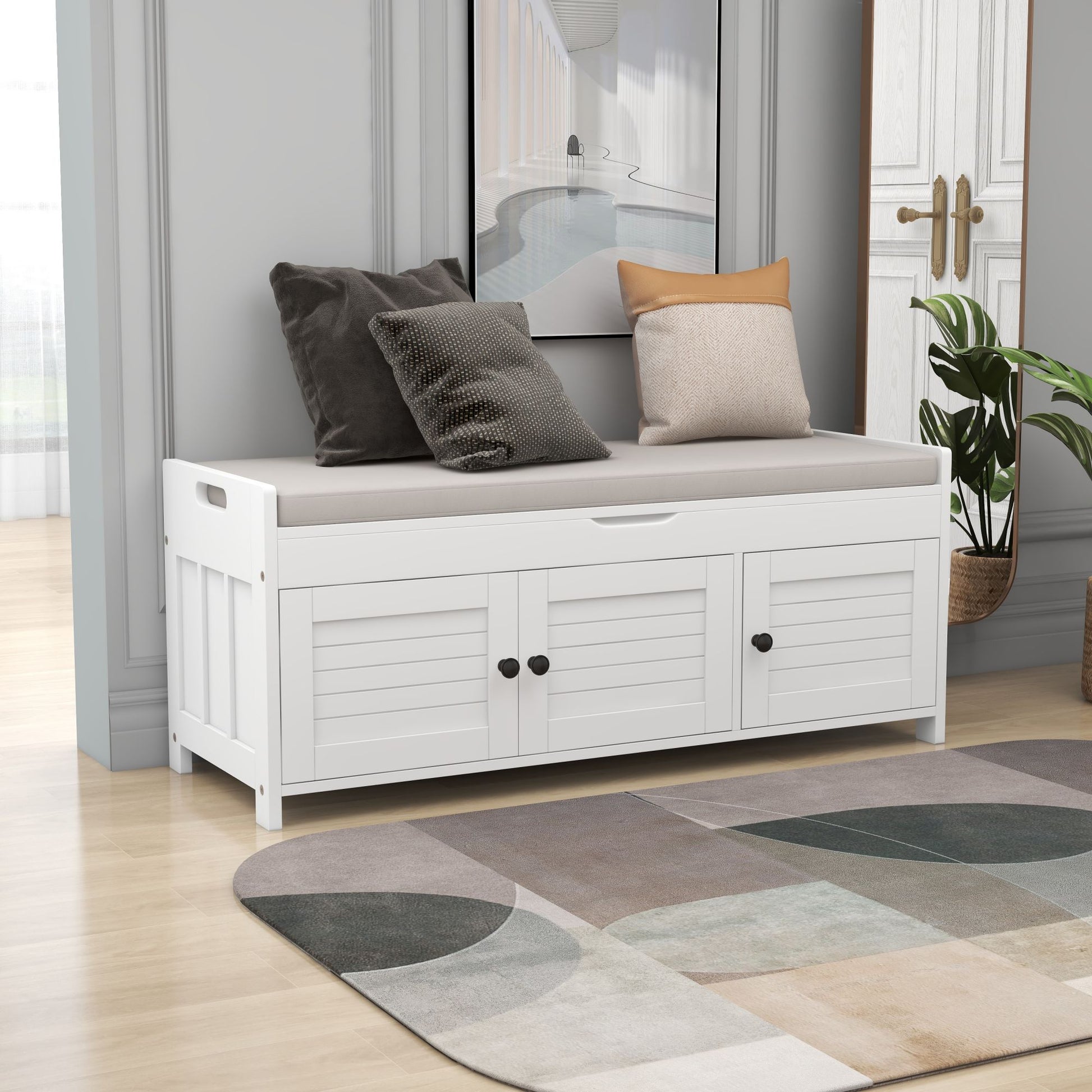 Storage Bench With 3 Shutter Shaped Doors, Shoe Bench With Removable Cushion And Hidden Storage Space White, Old Sku: Wf284226Aak White Mdf