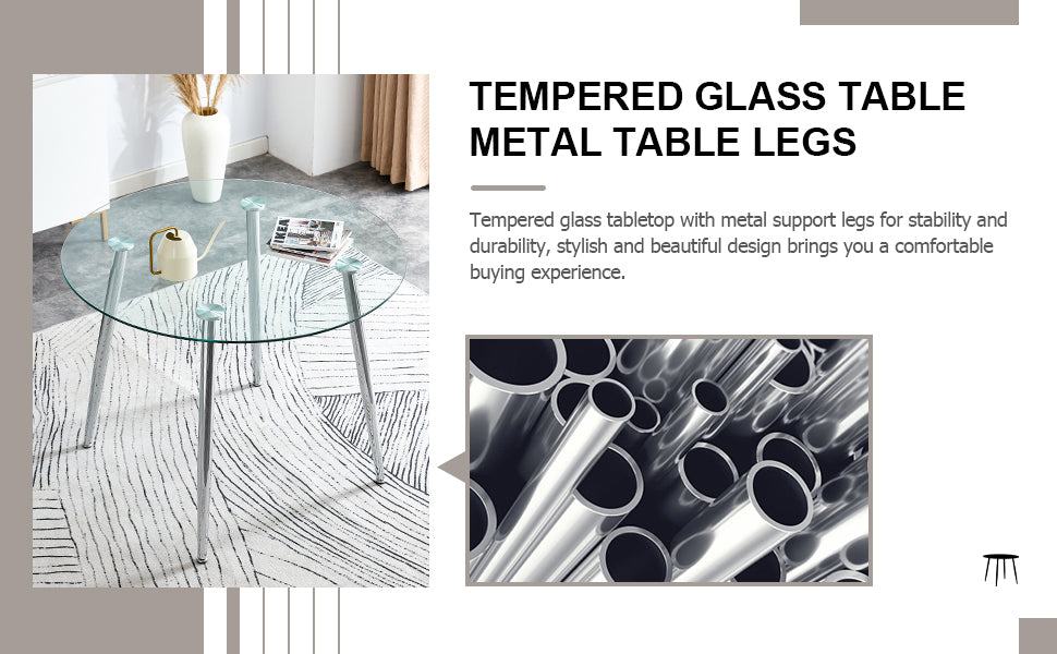 A Glass Tabletop With A Diameter Of 40 Inches And A Modern Minimalist Circular Dining Table With Electroplated Silver Metal Legs. Suitable For Restaurants, Living Rooms, And Conference Rooms.Dt 1164 Transparent Glass