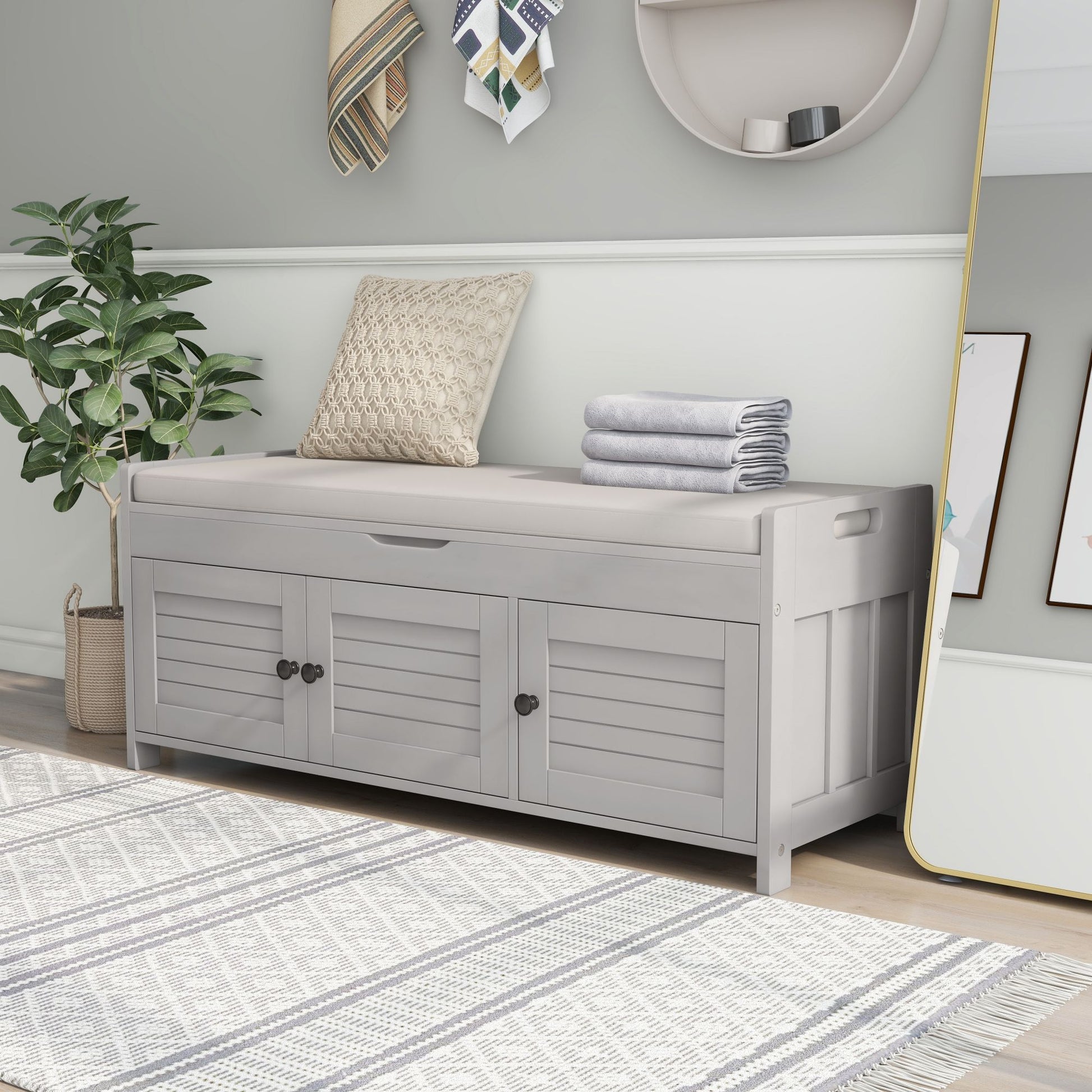 Storage Bench With 3 Shutter Shaped Doors, Shoe Bench With Removable Cushion And Hidden Storage Space Gray Wash, Old Sku: Wf284226Aae Gray Wash Mdf