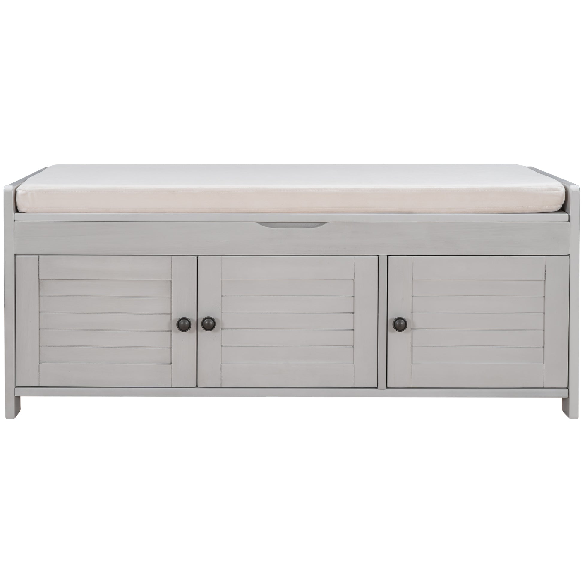 Storage Bench With 3 Shutter Shaped Doors, Shoe Bench With Removable Cushion And Hidden Storage Space Gray Wash, Old Sku: Wf284226Aae Gray Wash Mdf