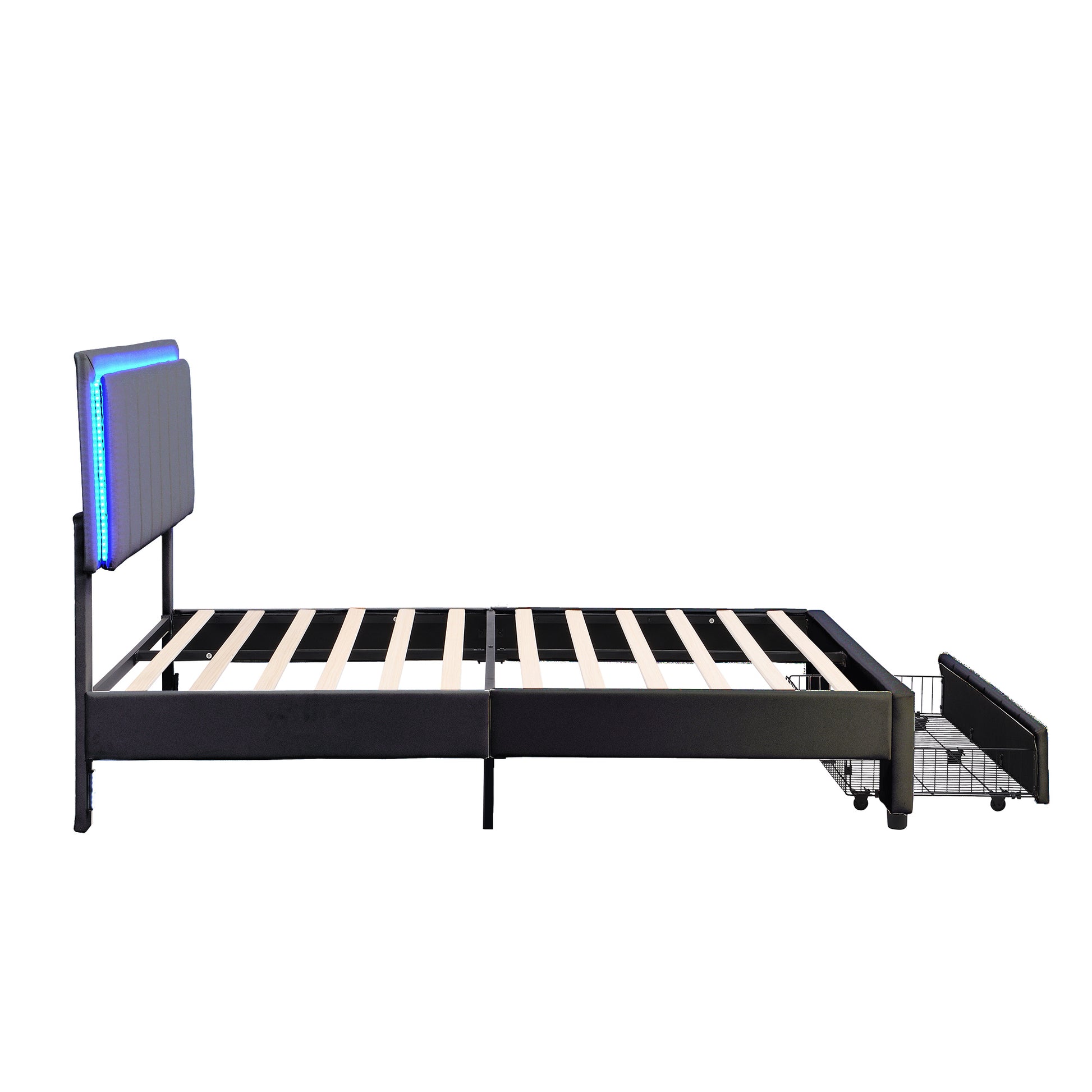 3 Pieces Bedroom Sets,Queen Size Upholstered Bed With Led Lights And Two Motion Activated Night Lights,Pu Nightstand With 2 Drawers And Crystal Handle,Black Queen Black 3 Piece Set Wood