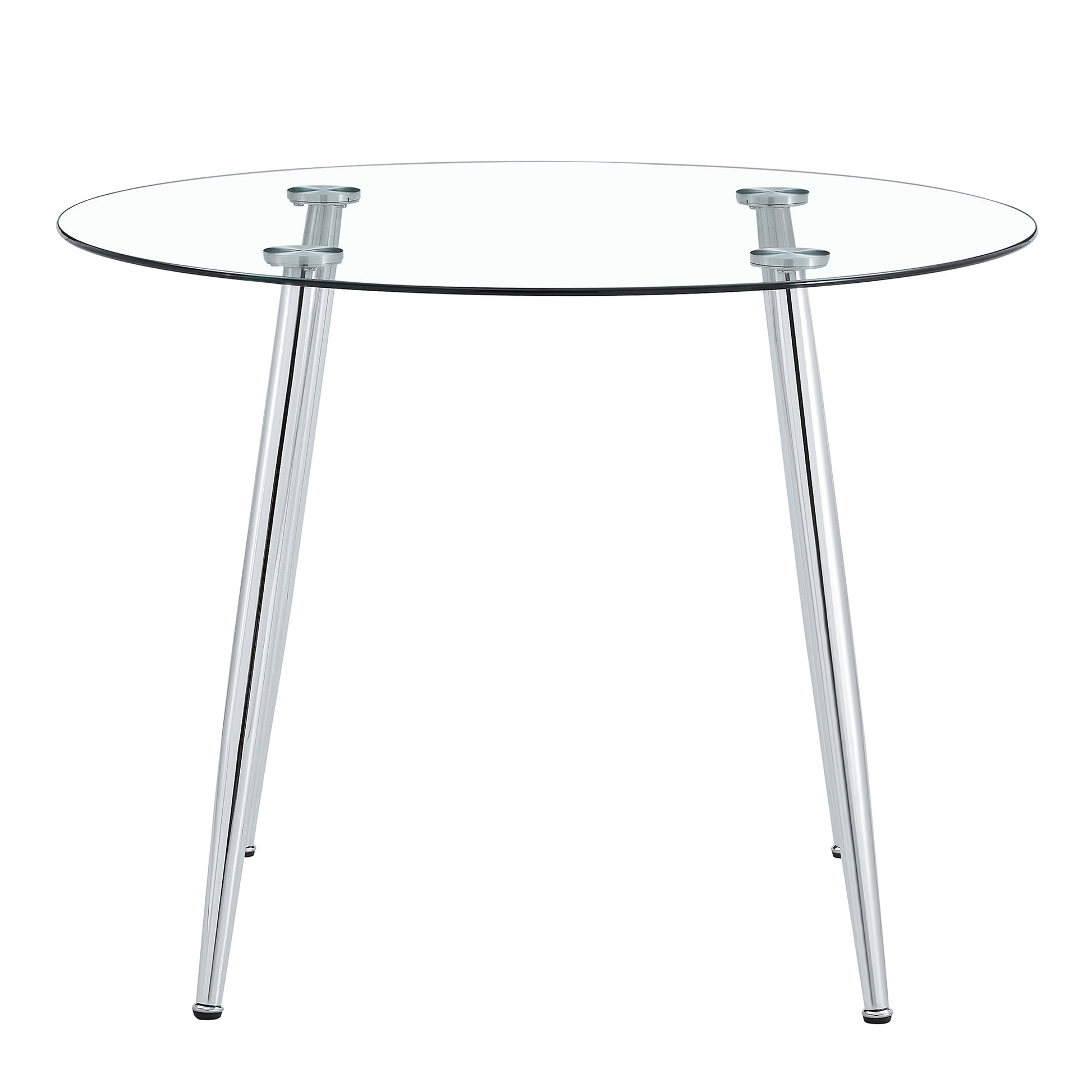 A Glass Tabletop With A Diameter Of 40 Inches And A Modern Minimalist Circular Dining Table With Electroplated Silver Metal Legs. Suitable For Restaurants, Living Rooms, And Conference Rooms.Dt 1164 Transparent Glass